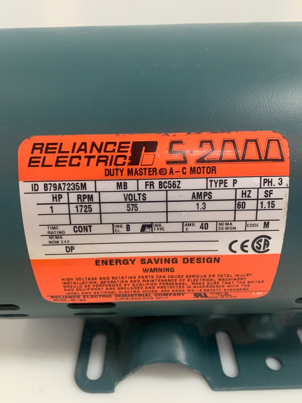 RELIANCE ELECTRIC S-2000 DUTY MASTER AC MOTOR 1HP 1725 RPM #B79A7235M1