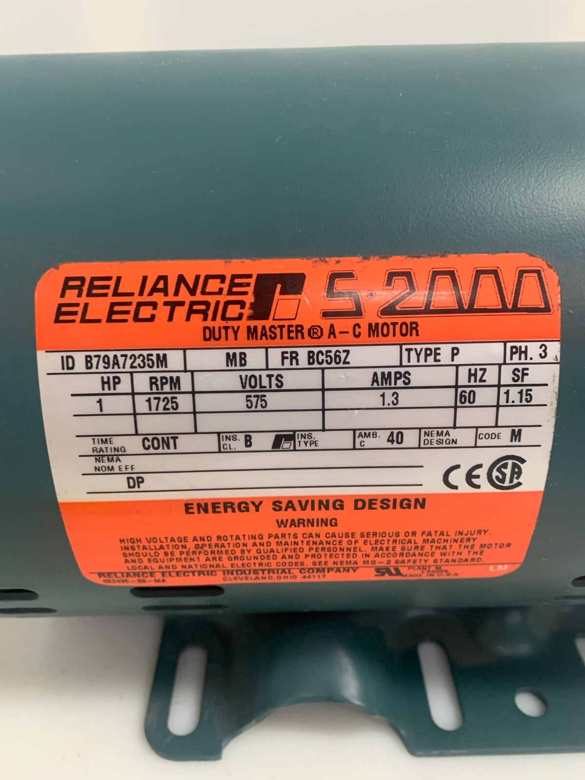 RELIANCE ELECTRIC S-2000 DUTY MASTER AC MOTOR 1HP 1725 RPM #B79A7235M1