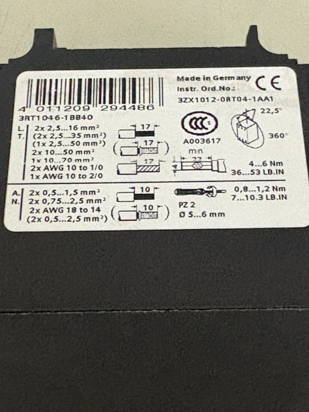 SIEMENS CONTACTOR 3RT1046-1BB40 4