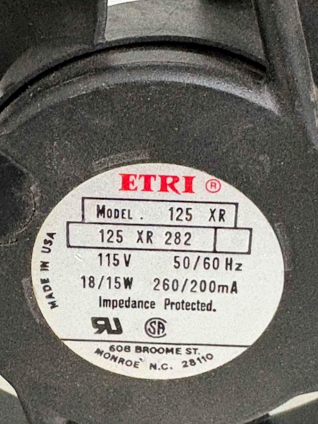 ETRI FAN MODEL 125XR