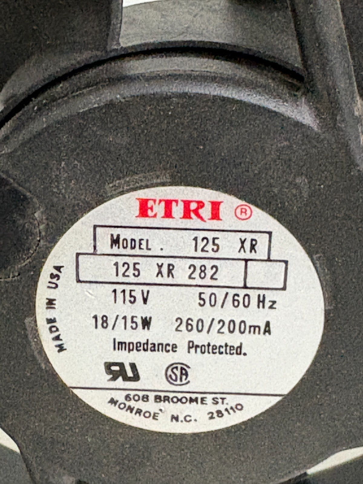 ETRI FAN MODEL 125XR