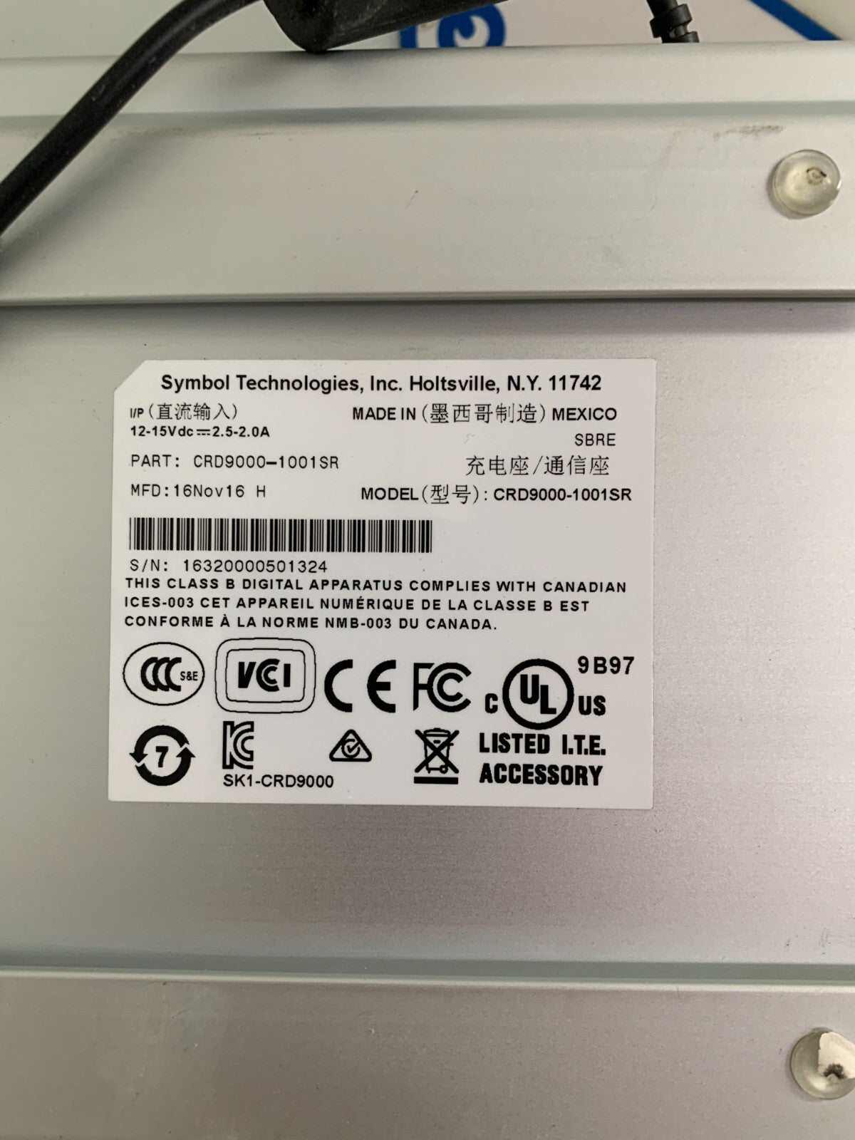SYMBOL TECH CRADLE CHARGING BASE W/CABLE AND BATTERY  CRD 9000-1001-SR3