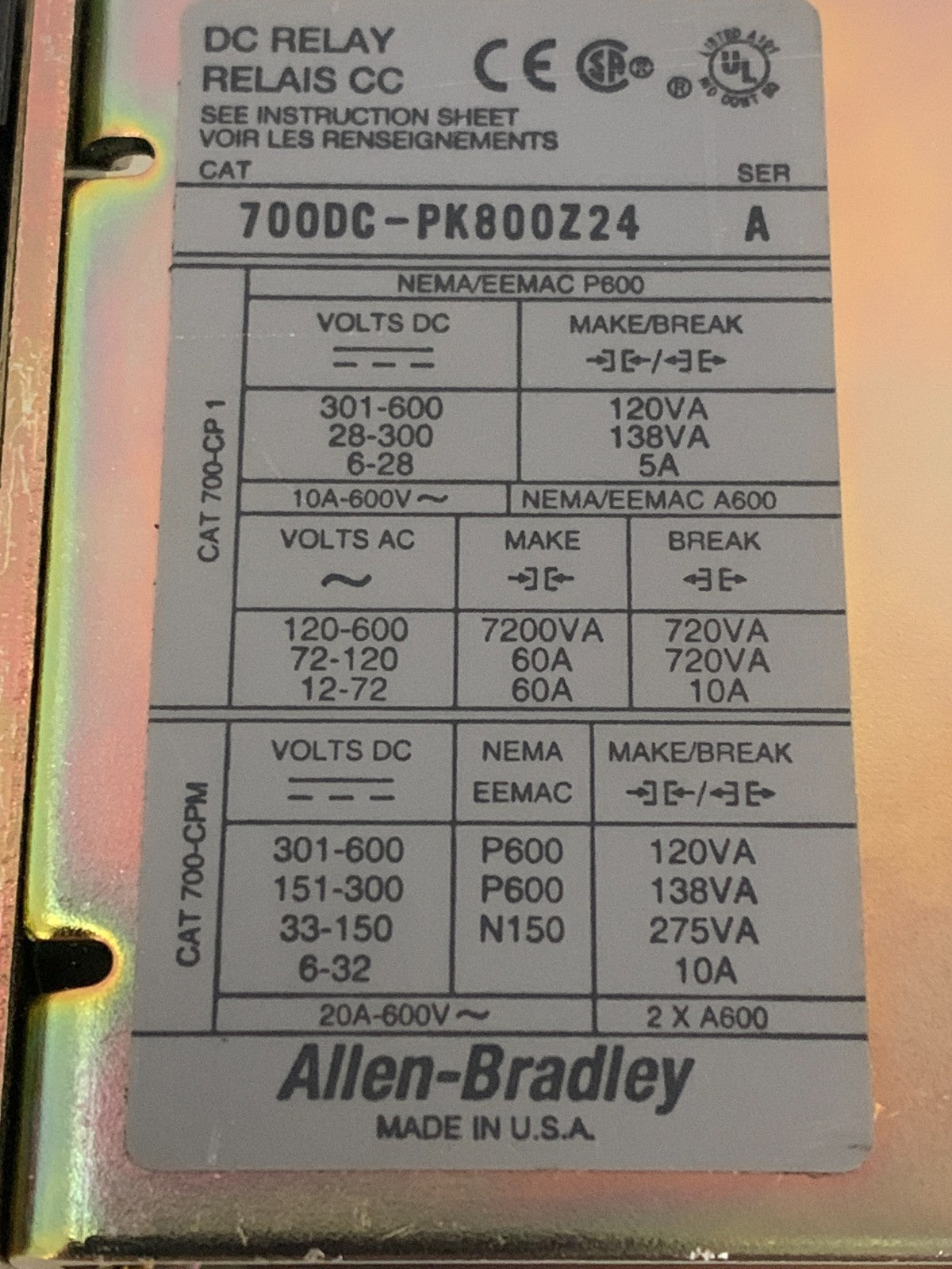 ALLEN BRADLEY CONTROL RELAY CONTACTOR 700DC-PK800Z24 SER A