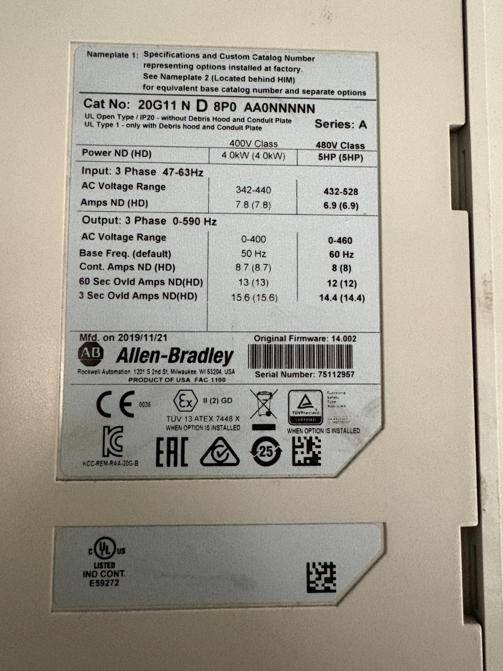 ALLEN BRADLEY POWER FLEX 755 20G11 N D 8P0 AA0NNNNN SERIE A 5