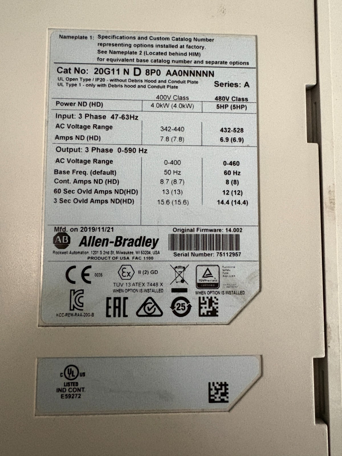 ALLEN BRADLEY POWER FLEX 755 20G11 N D 8P0 AA0NNNNN SERIE A 5