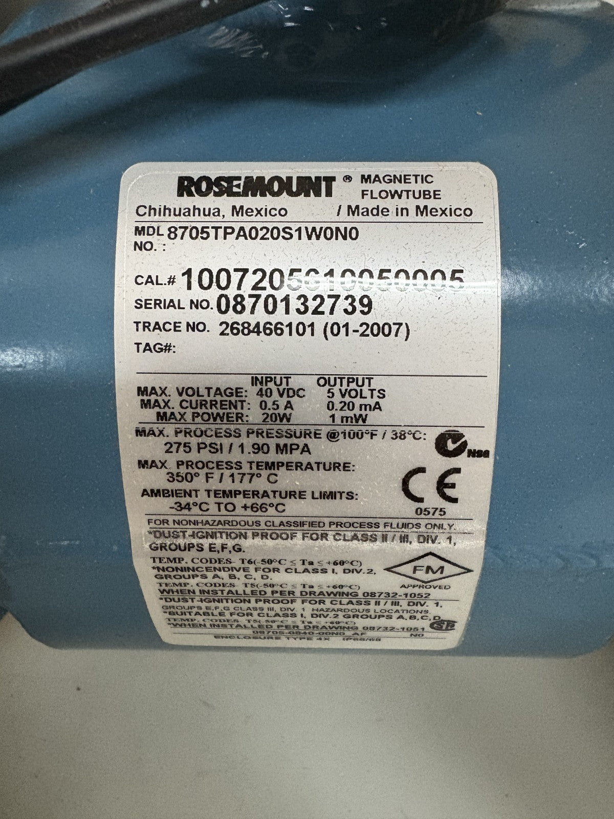 EMERSON FISHER ROSEMOUNT FLOW TUBE 8705TPA020S1W0N0