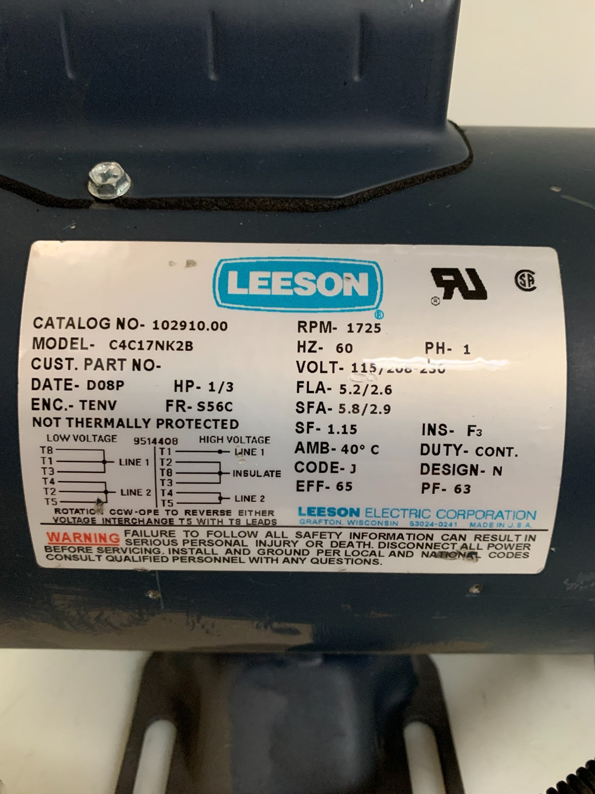 LEESON GENERAL PURPOSE MOTOR 1/3 HP 1725 RPM MODEL C4C17NK2B #CAT 102910.00