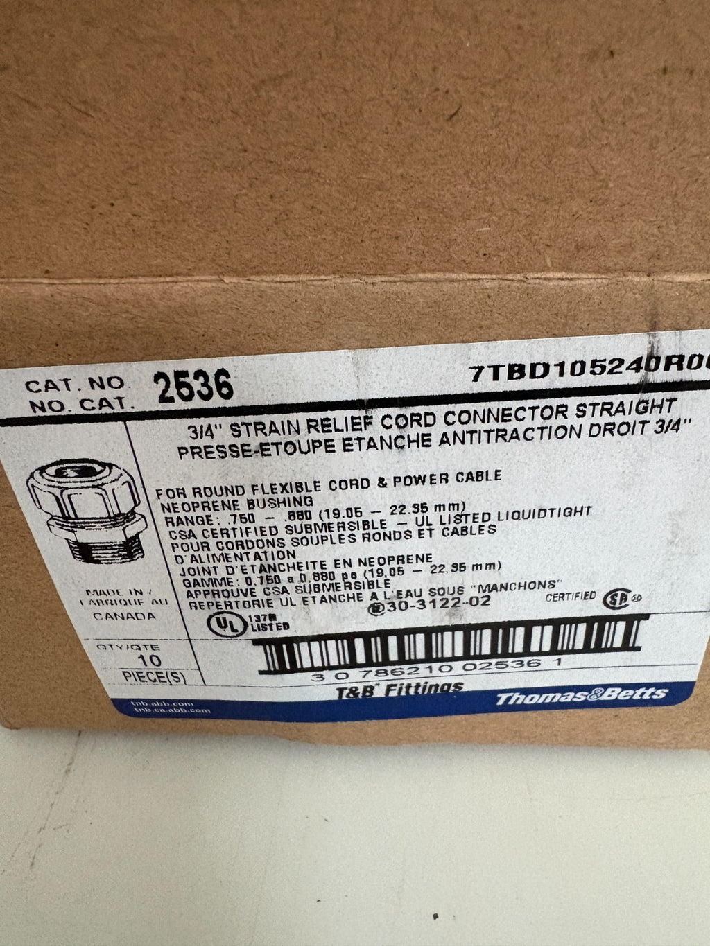 ABB THOMAS & BETTS 3/4 STRAIN RELIEF STRAIGHT CORD CONNECTOR #2536  BOX OF 93