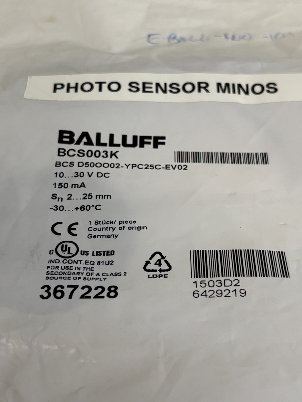 BALLUFF PHOTO SENSOR BCS003K BCS D50OO02-YPC25C-EV022