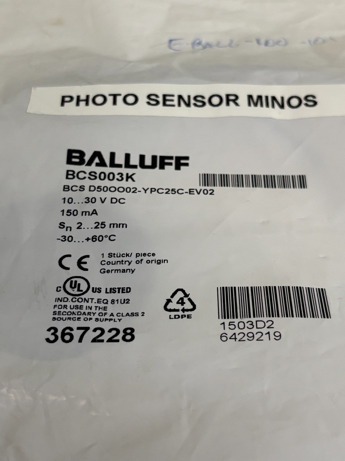 BALLUFF PHOTO SENSOR BCS003K BCS D50OO02-YPC25C-EV022