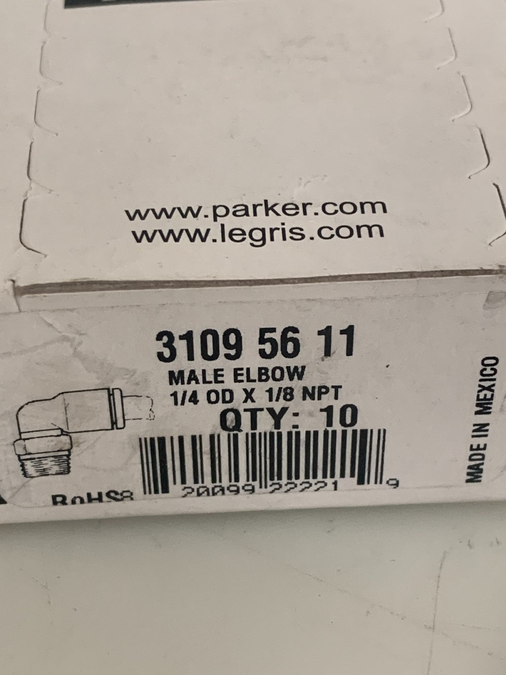 PARKER LEGRIS PUSH TO CONNECT MALE ELBOW 1/4 OD X 1/8 NPT 10 PER BOX