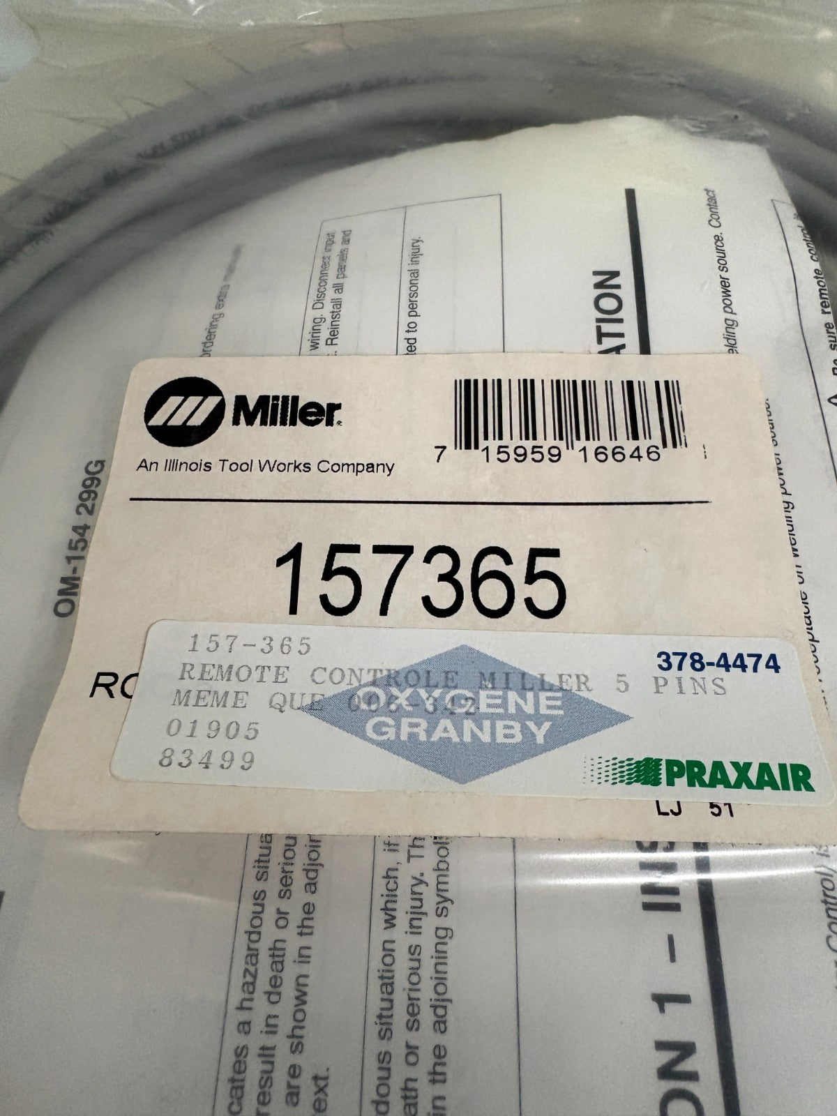 MILLER REMOTE CONTROL CONTACTOR AND CURRENT #157365