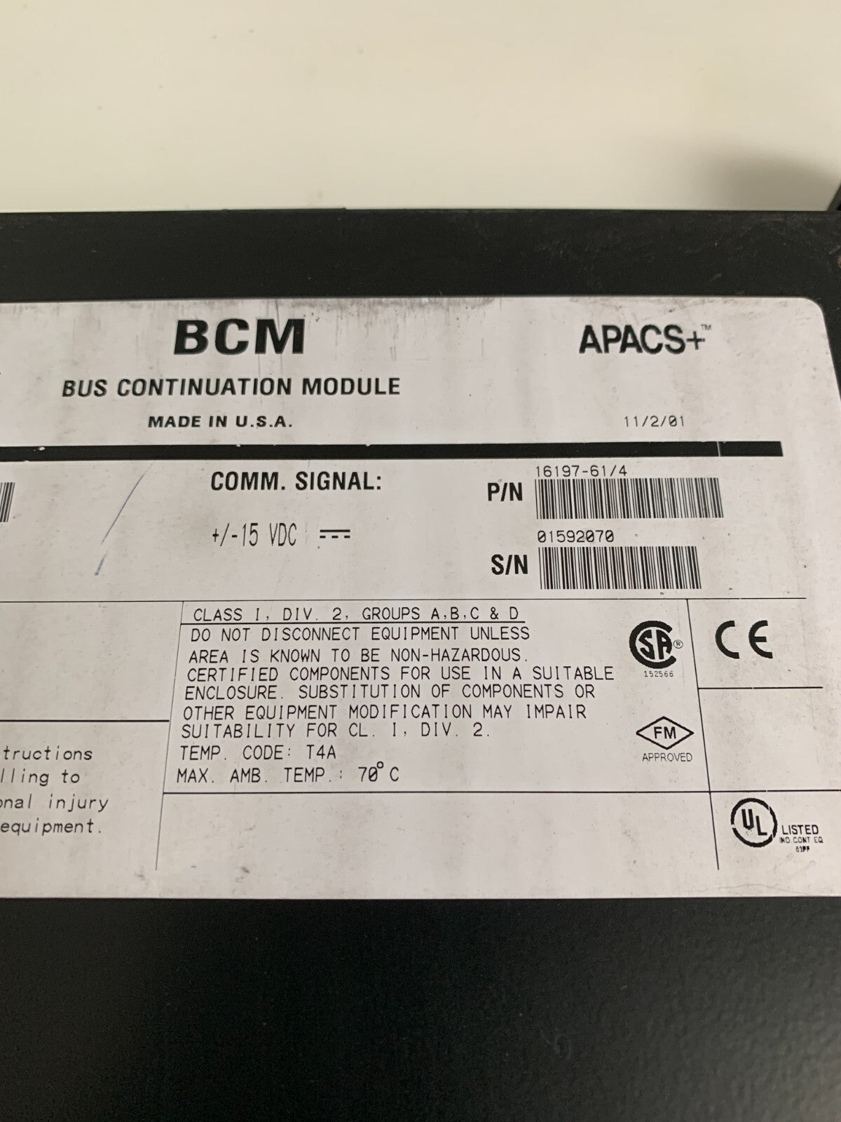 SIEMENS MOORE APACS+ BCM BUS CONTINUATION MODULE 39BCMNBN 16197-61/4
