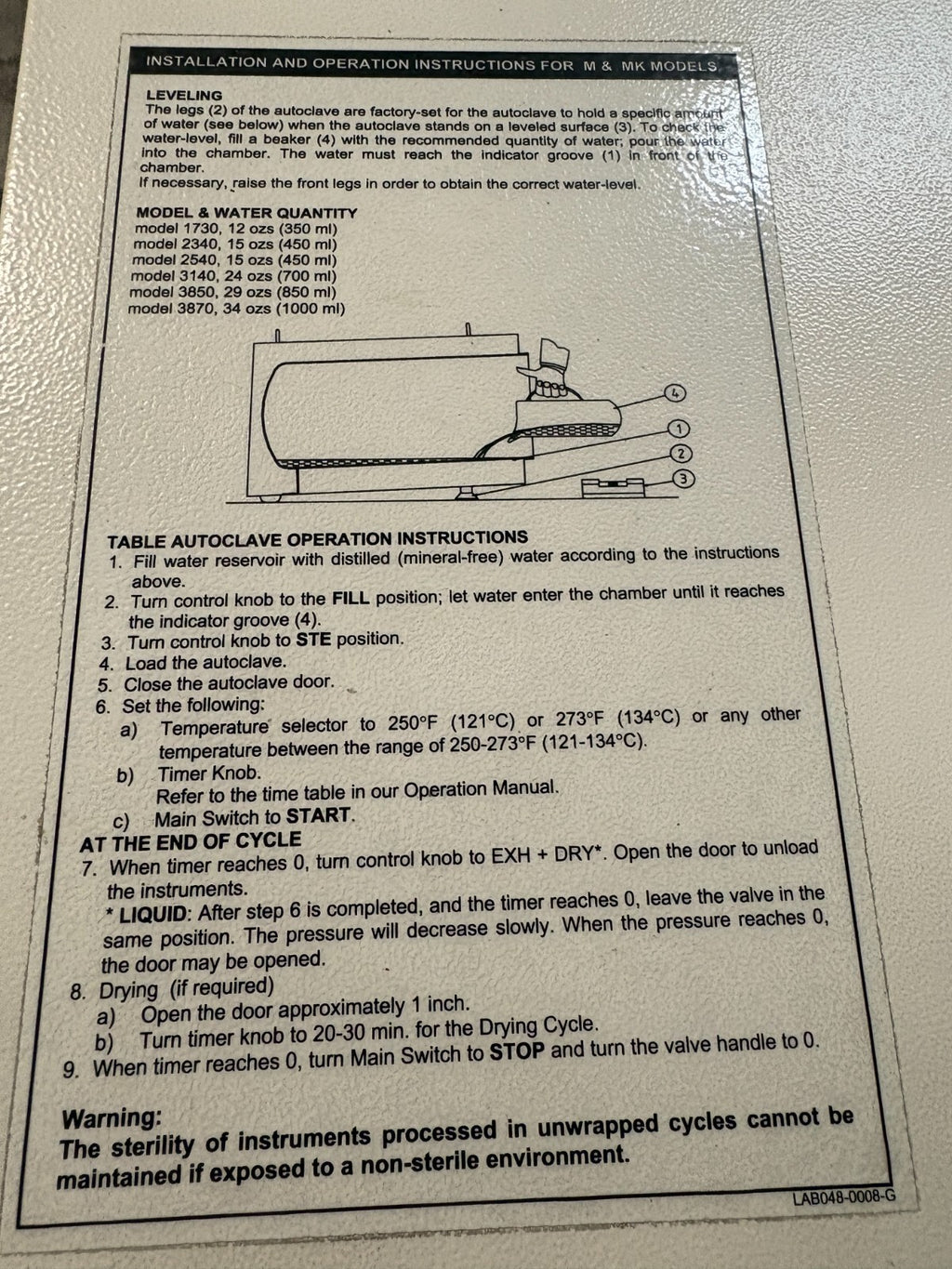 TUTTNAUER AUTOCLAVE STEAM STERILIZER MODEL 2340M-B/L