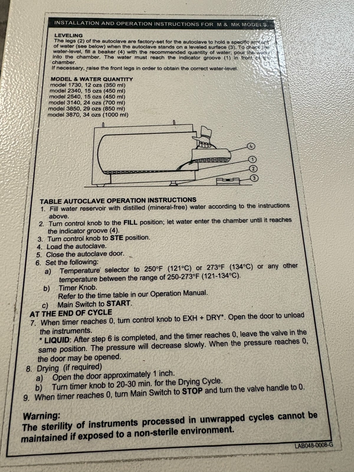 TUTTNAUER AUTOCLAVE STEAM STERILIZER MODEL 2340M-B/L