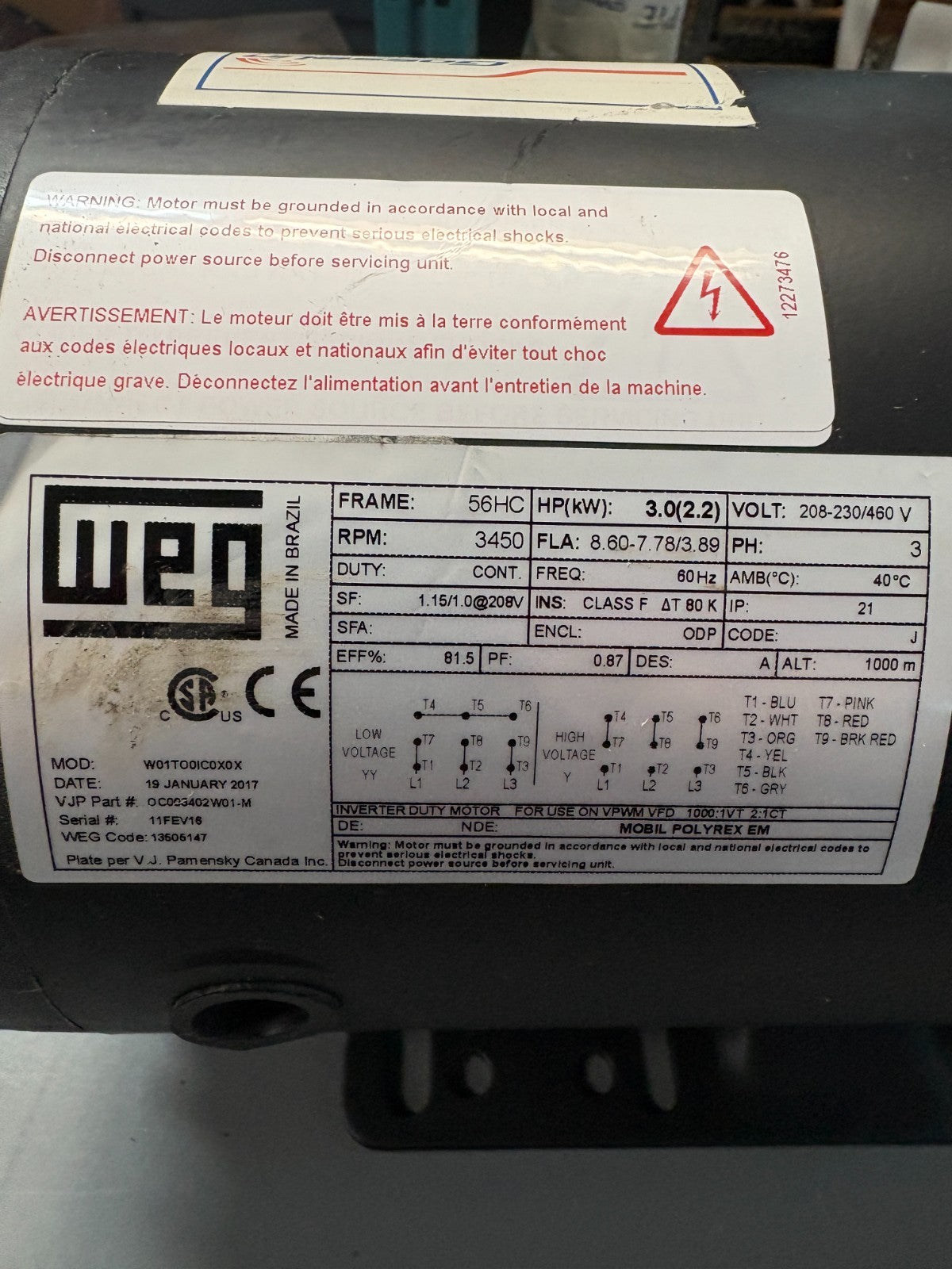 WEG 3HP MOTOR WO1TO0IC0X0X