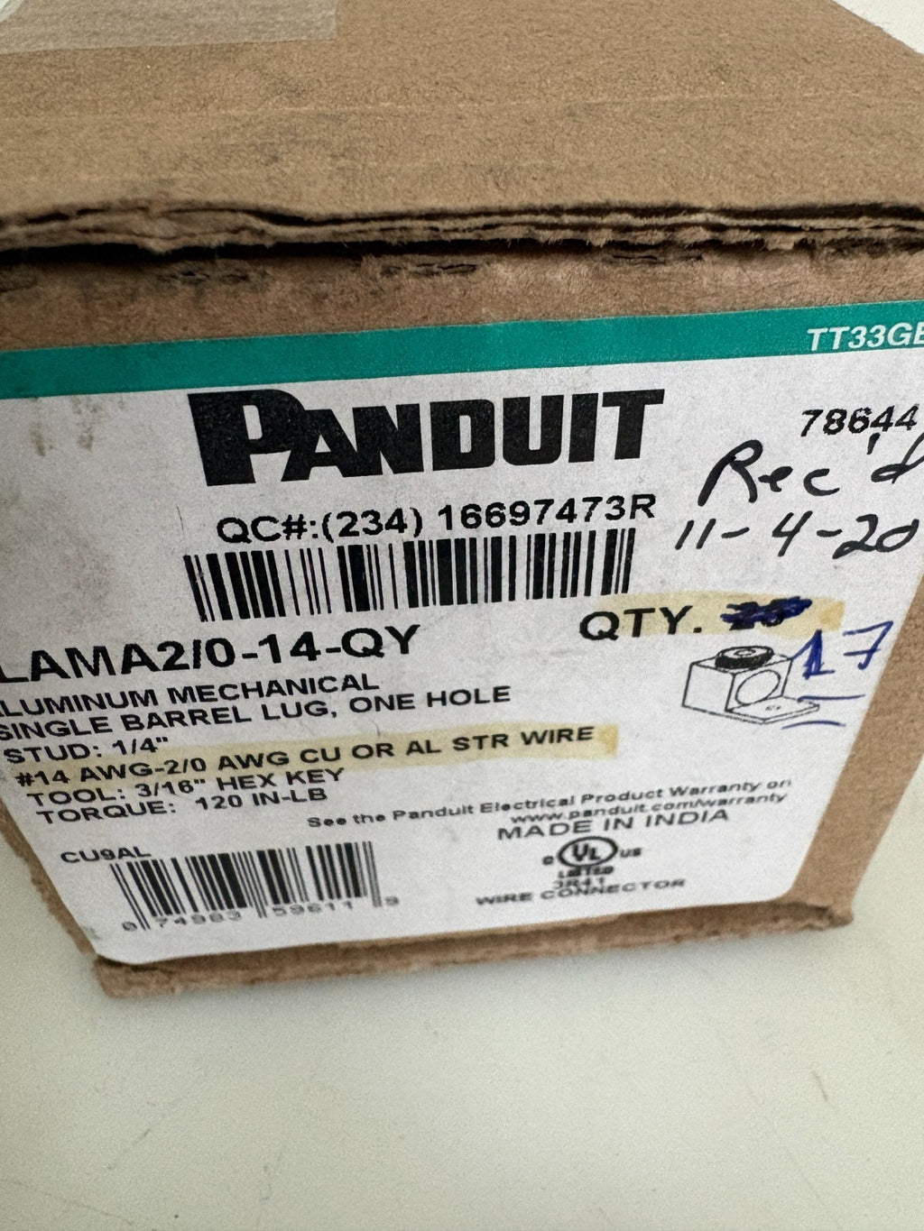 LOT OF 17 PANDUIT ALUMINIUM MECHANICAL SINGLE BARREL LUG LAMA2/0-14-QY