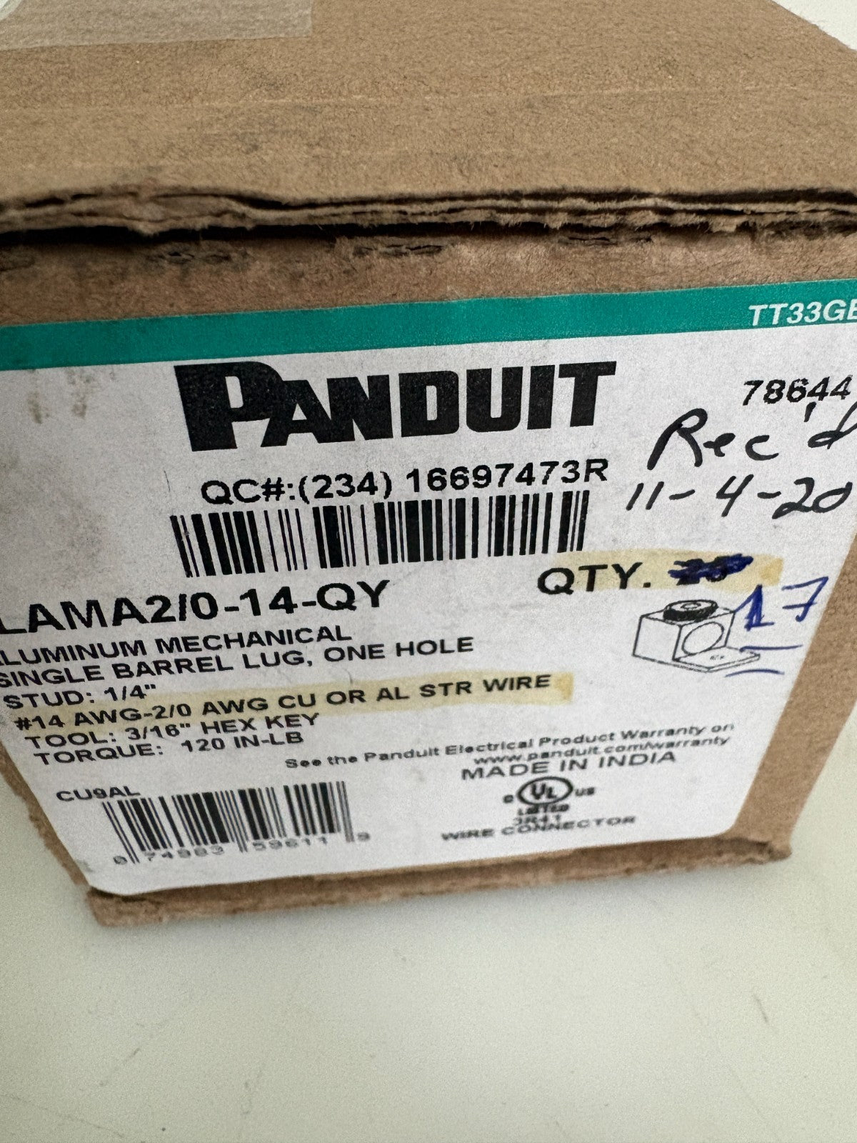 LOT OF 17 PANDUIT ALUMINIUM MECHANICAL SINGLE BARREL LUG LAMA2/0-14-QY