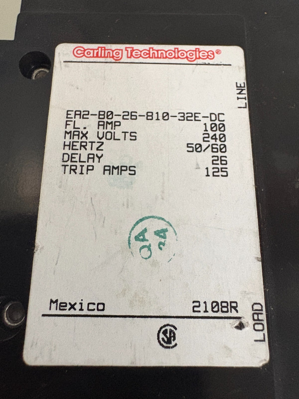 CARLING TECHNOLOGIES 100 AMP BREAKER DOUBLE BREAKER ER2-BO-26-810-32E-DC