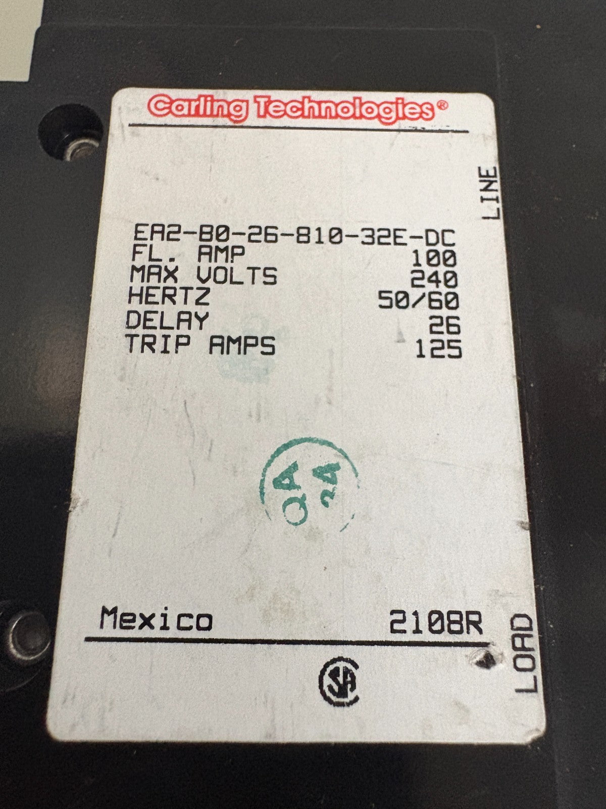 CARLING TECHNOLOGIES 100 AMP BREAKER DOUBLE BREAKER ER2-BO-26-810-32E-DC