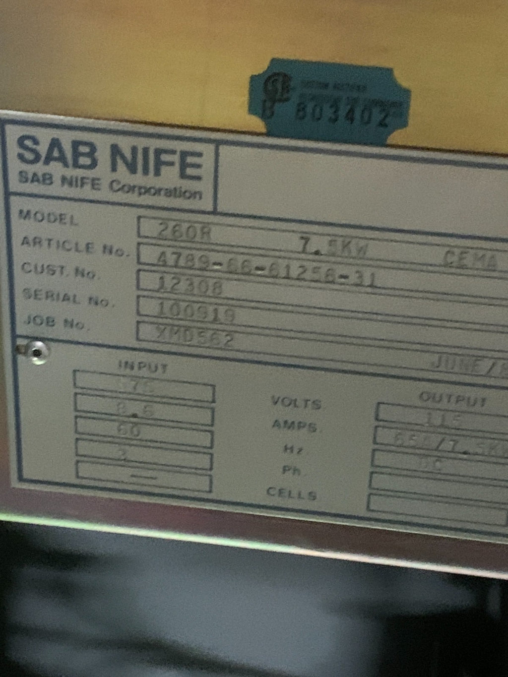 SAB NIFE 7.5 KW Power supply 260R 4789-66-61256-31
