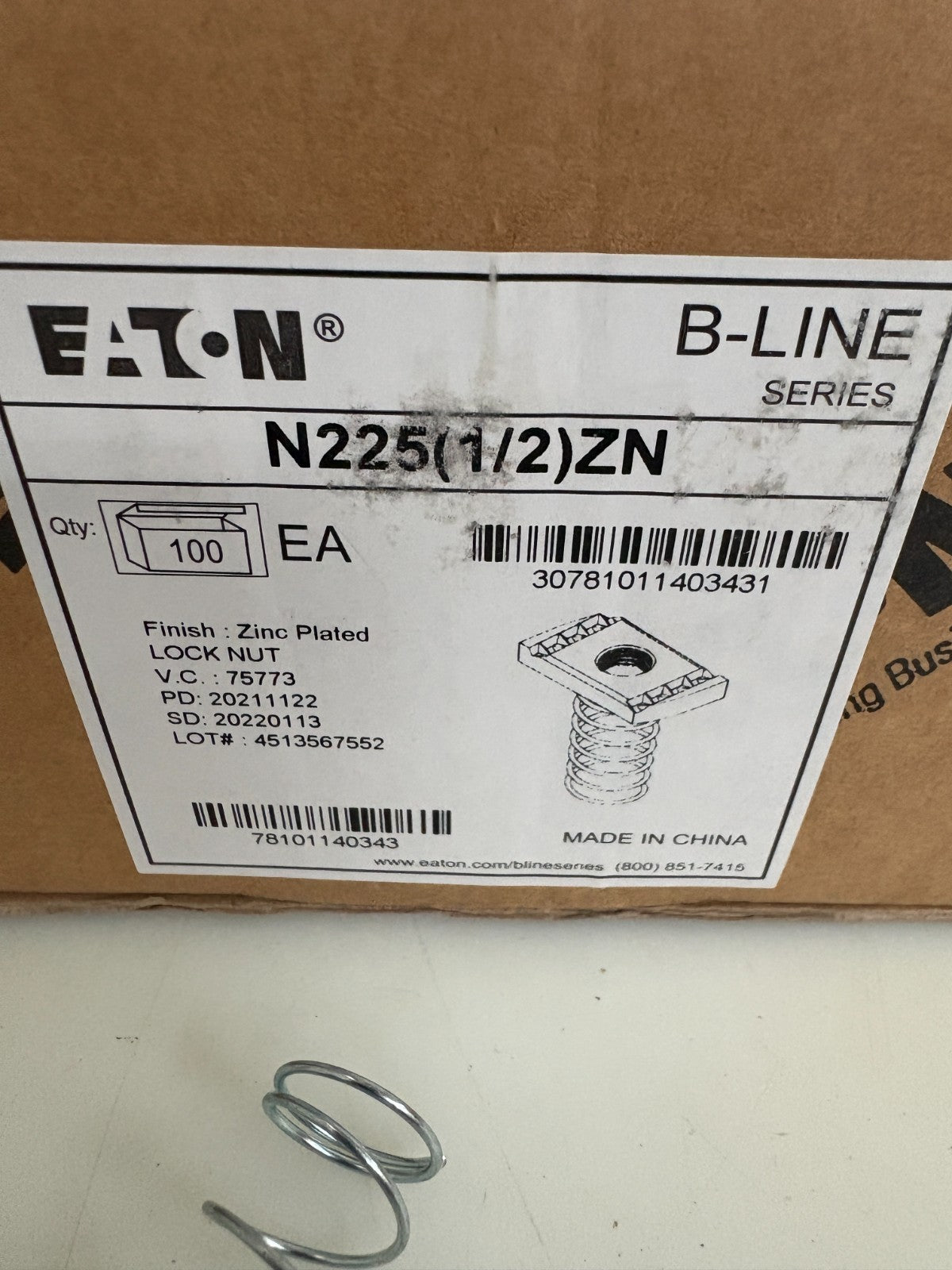 EATON FINISH ZINC PLATED LOCK NUT B-LINE N225(1/2) ZN 100 PER BOX2