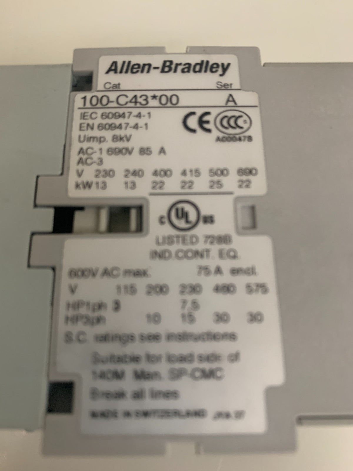 ALLEN BRADLEY 100-C43 00 SERIE A CONTACTOR 600 VAC W/100-S/B CONTACT BLOCK