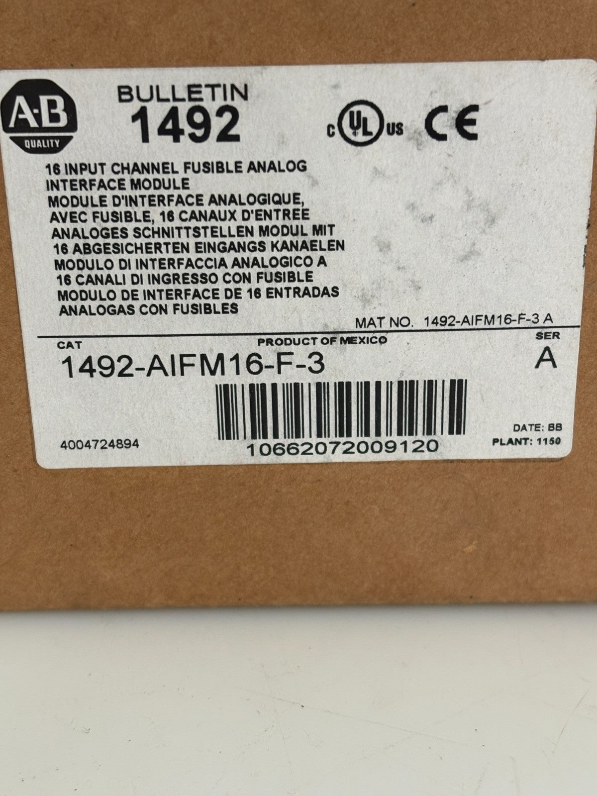 ALLEN BRADLEY 16 INPUT CHANNEL FUSIBLE ANALOG INTERFACE MODULE 1492-AIFM16-F-3