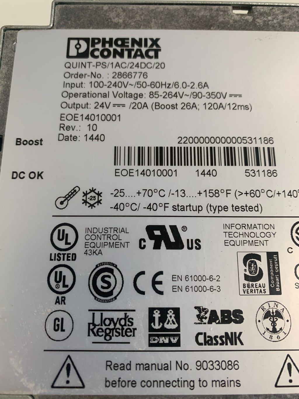PHOENIX CONTACT QUINT POWER SUPPLY QUINT-PS/1AC/24DC/20 #28667762