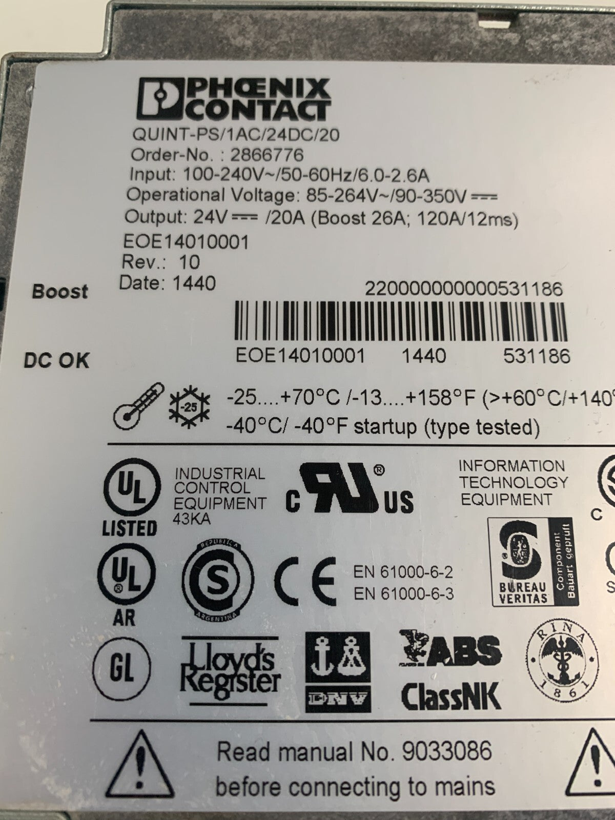 PHOENIX CONTACT QUINT POWER SUPPLY QUINT-PS/1AC/24DC/20 #28667762