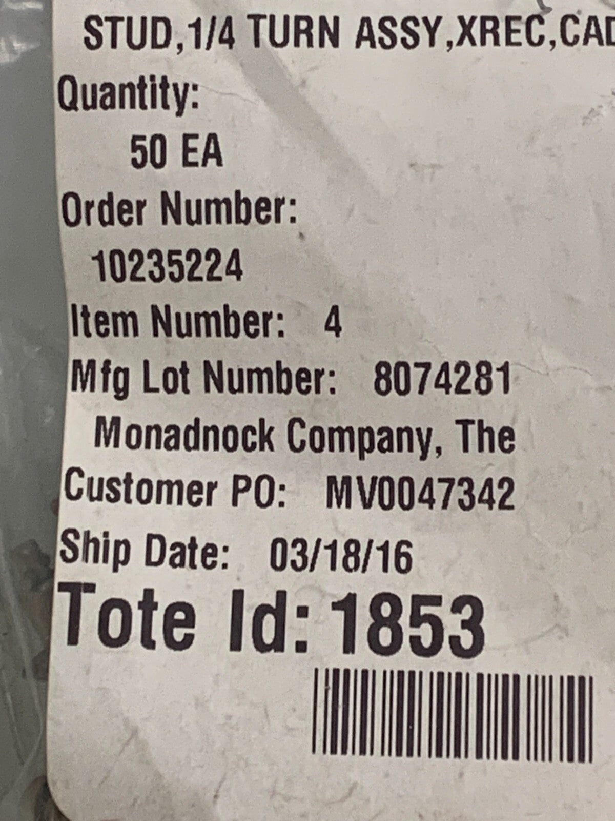 LOT OF 200 WESCO AIRCRAFT 1/4 STUD ASSEMBLY