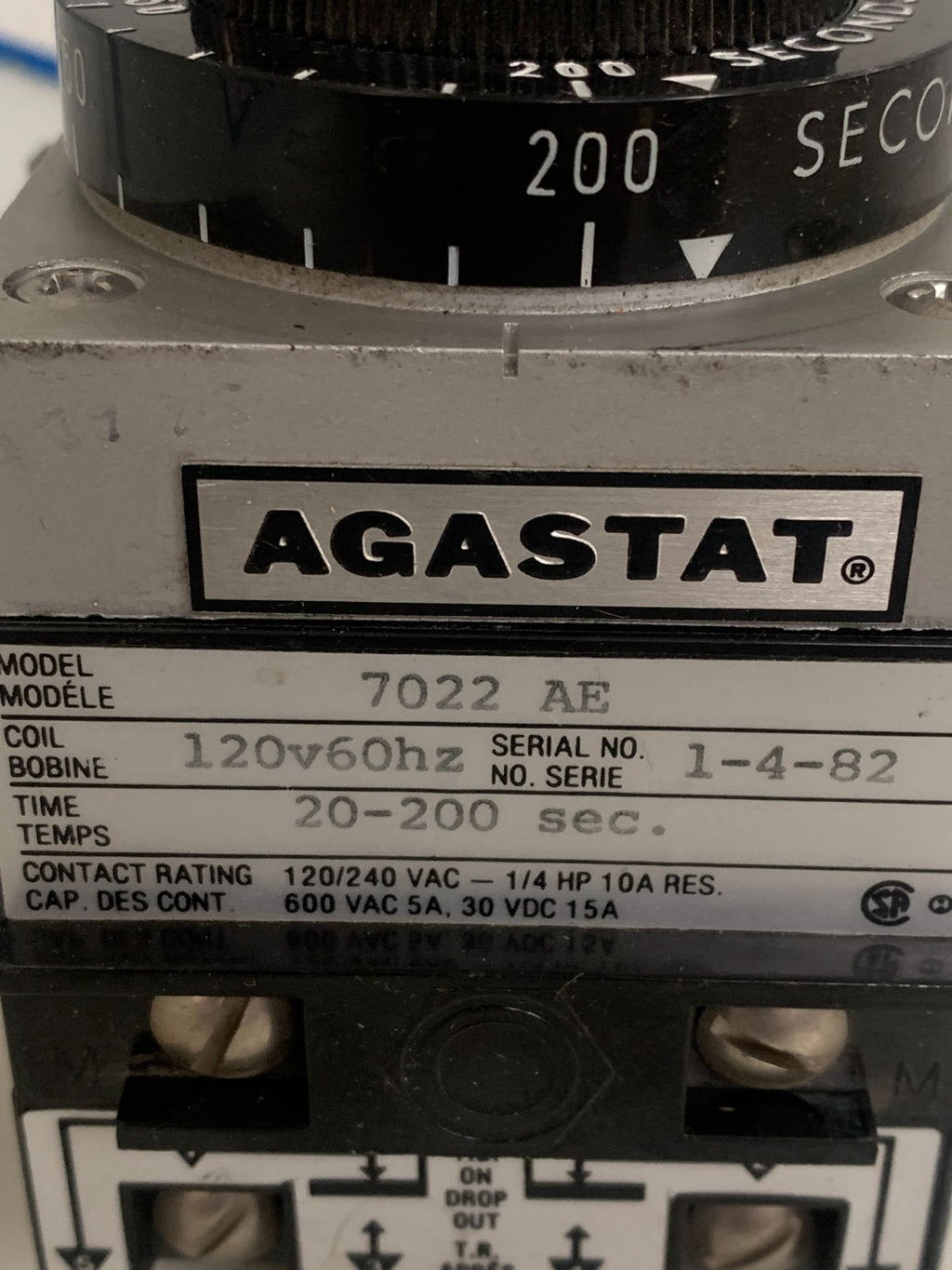 AGASTAT 20-200 SEC. TIME DELAY RELAY #7022 AE1