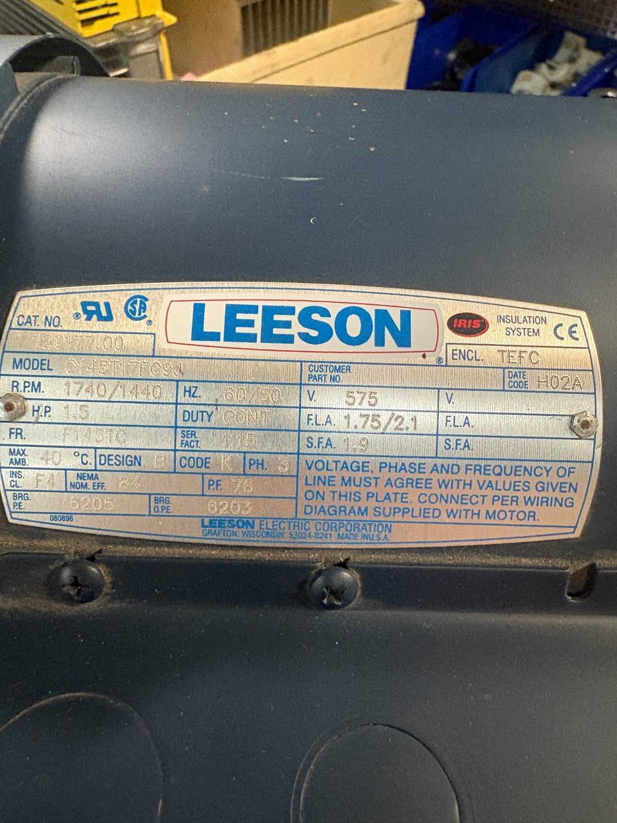 LEESON 1.5HP MOTOR MODEL 0145T17F09J CAT: 120 177.00 1