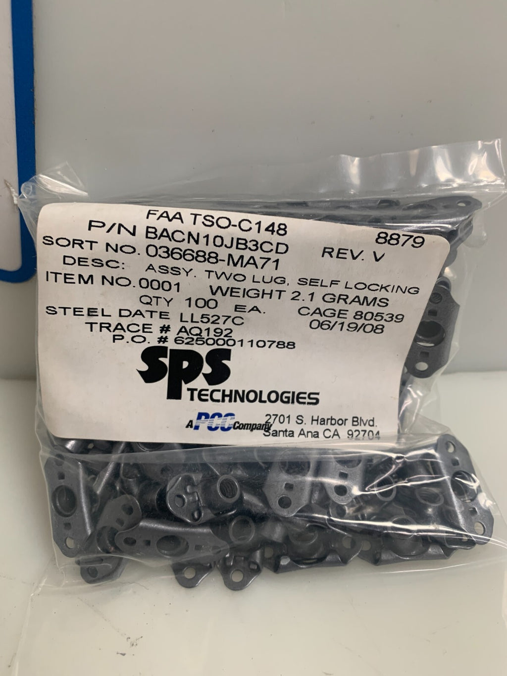 SPS TECHNOLOGIES TWO LUG SELF LOCKING ASSY #BACN10JB3CD REV.V 100 PER BAG1