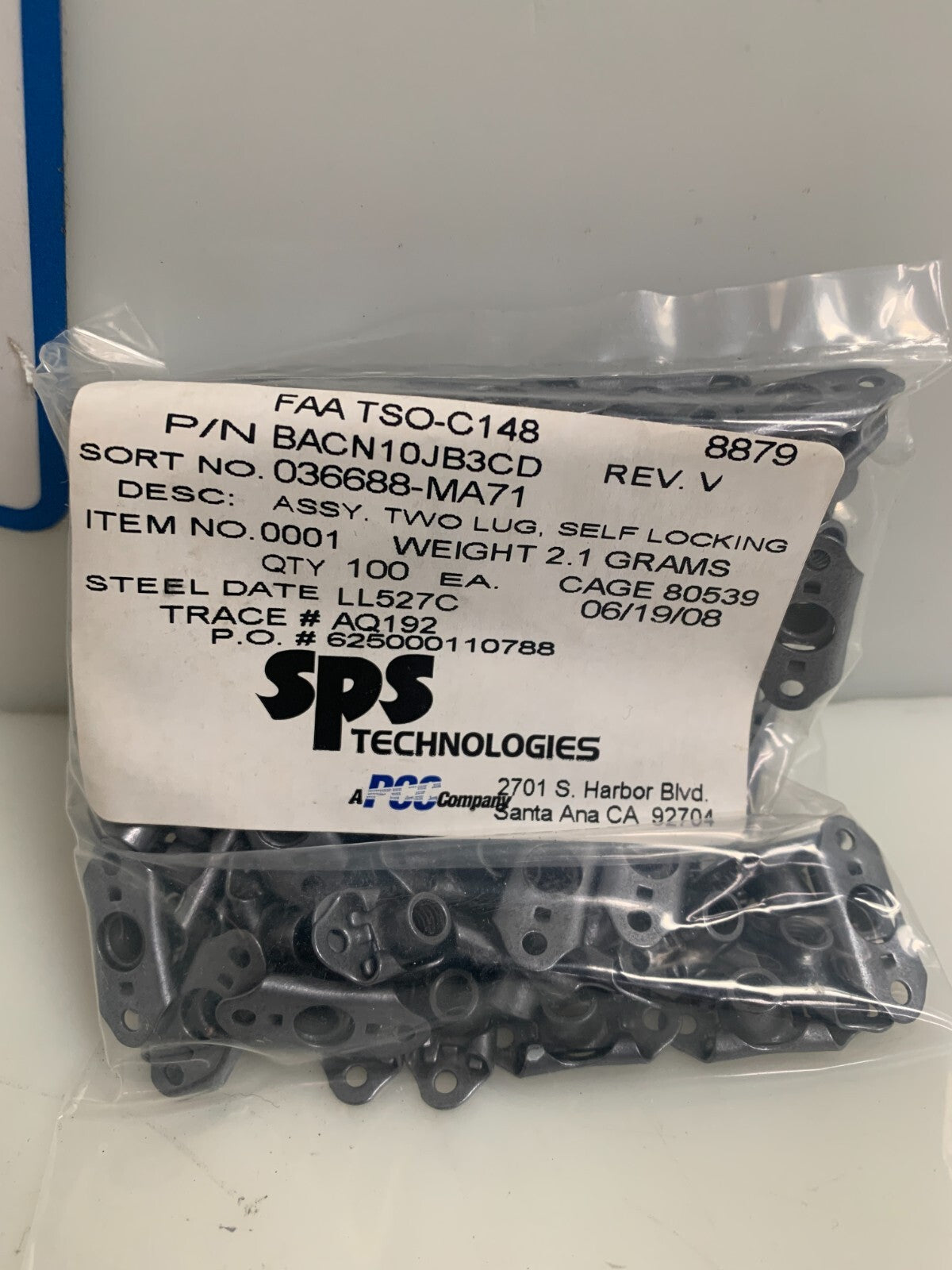 SPS TECHNOLOGIES TWO LUG SELF LOCKING ASSY #BACN10JB3CD REV.V 100 PER BAG1