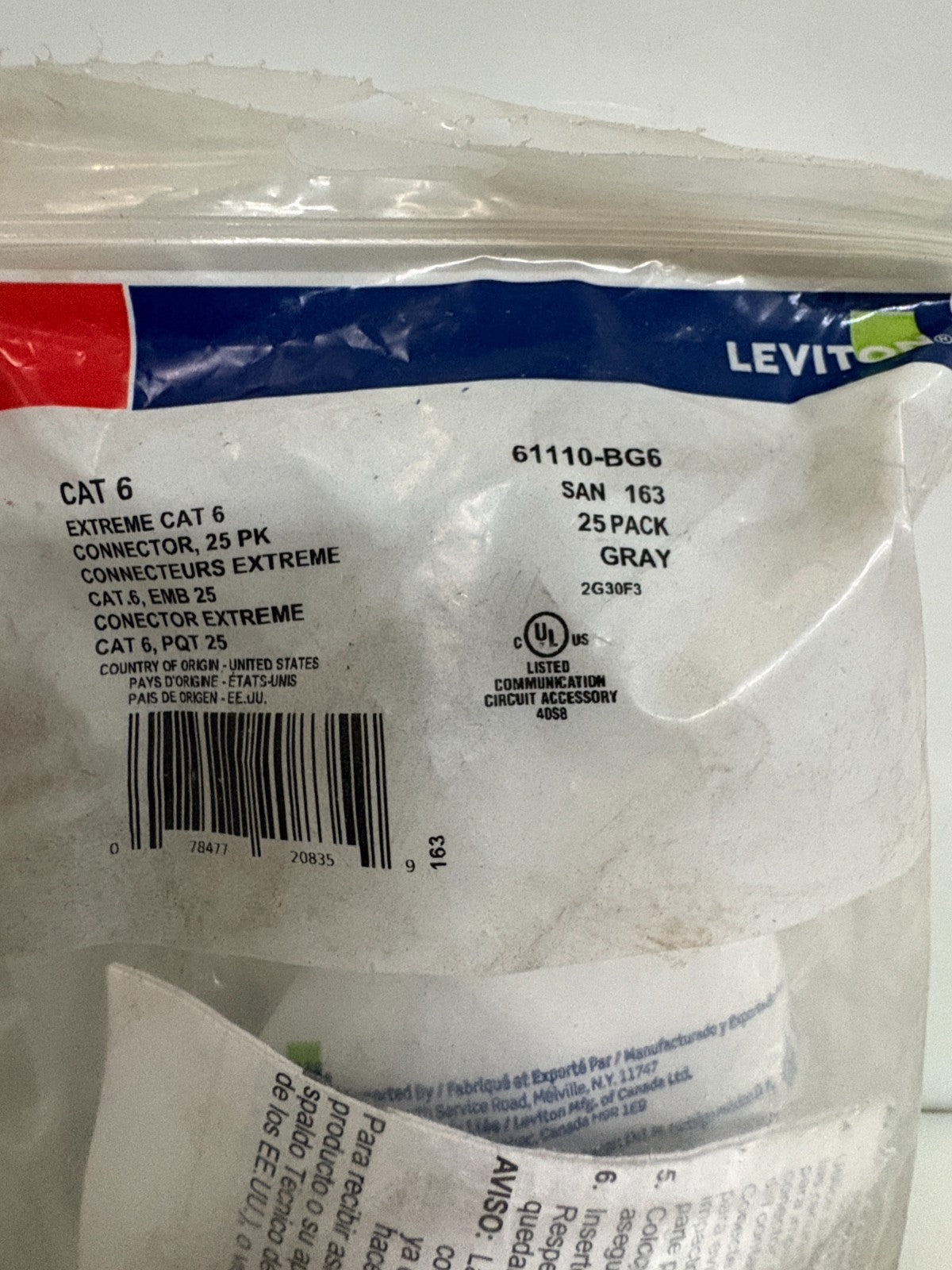 LEVITON EXTREME CAT 6 CONNECTOR 61110-BG6 BAG OF 251