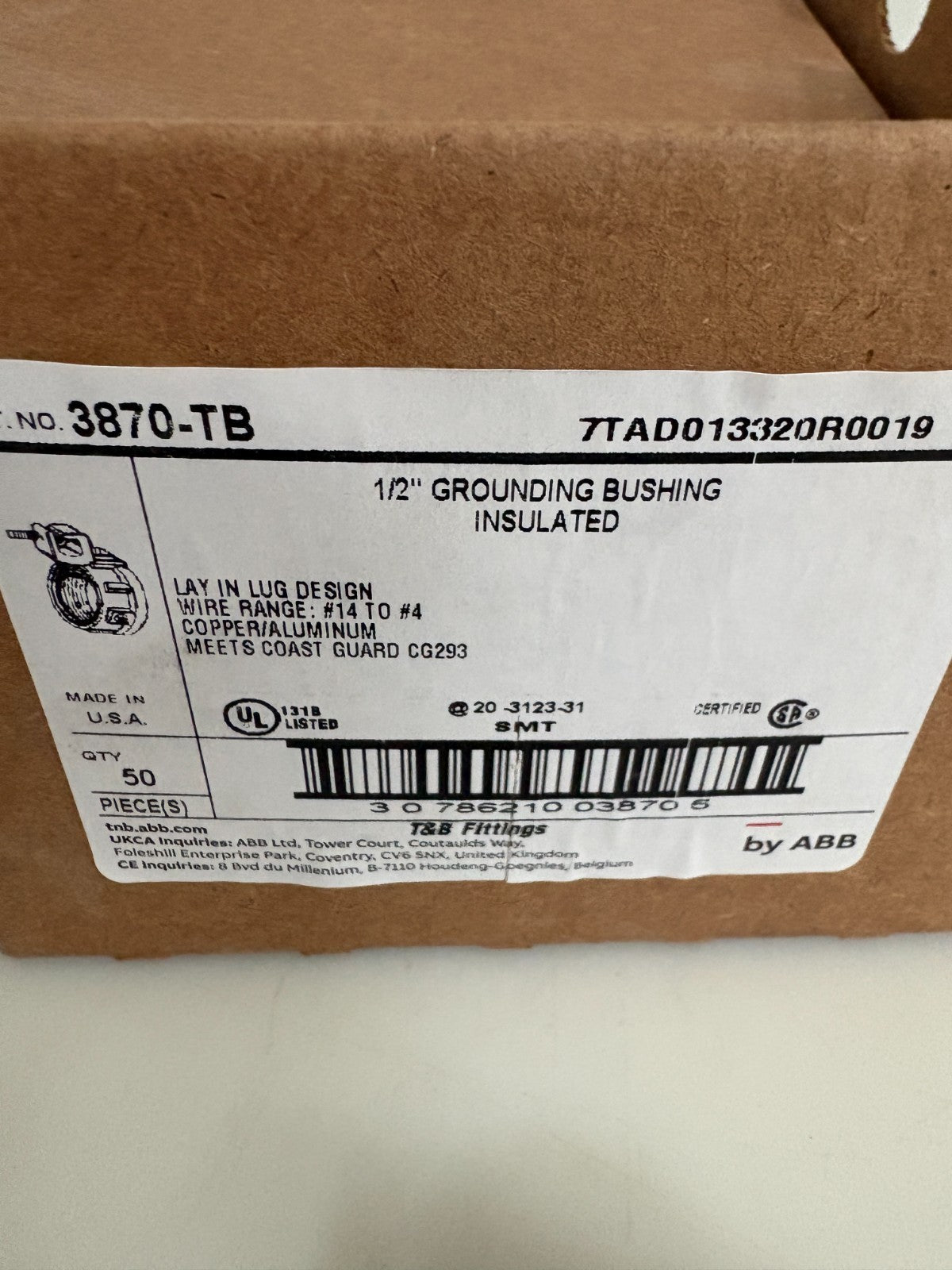 ABB THOMAS & BETTS 1/2 GROUNDING BUSHING INSULATED #3870-TB2
