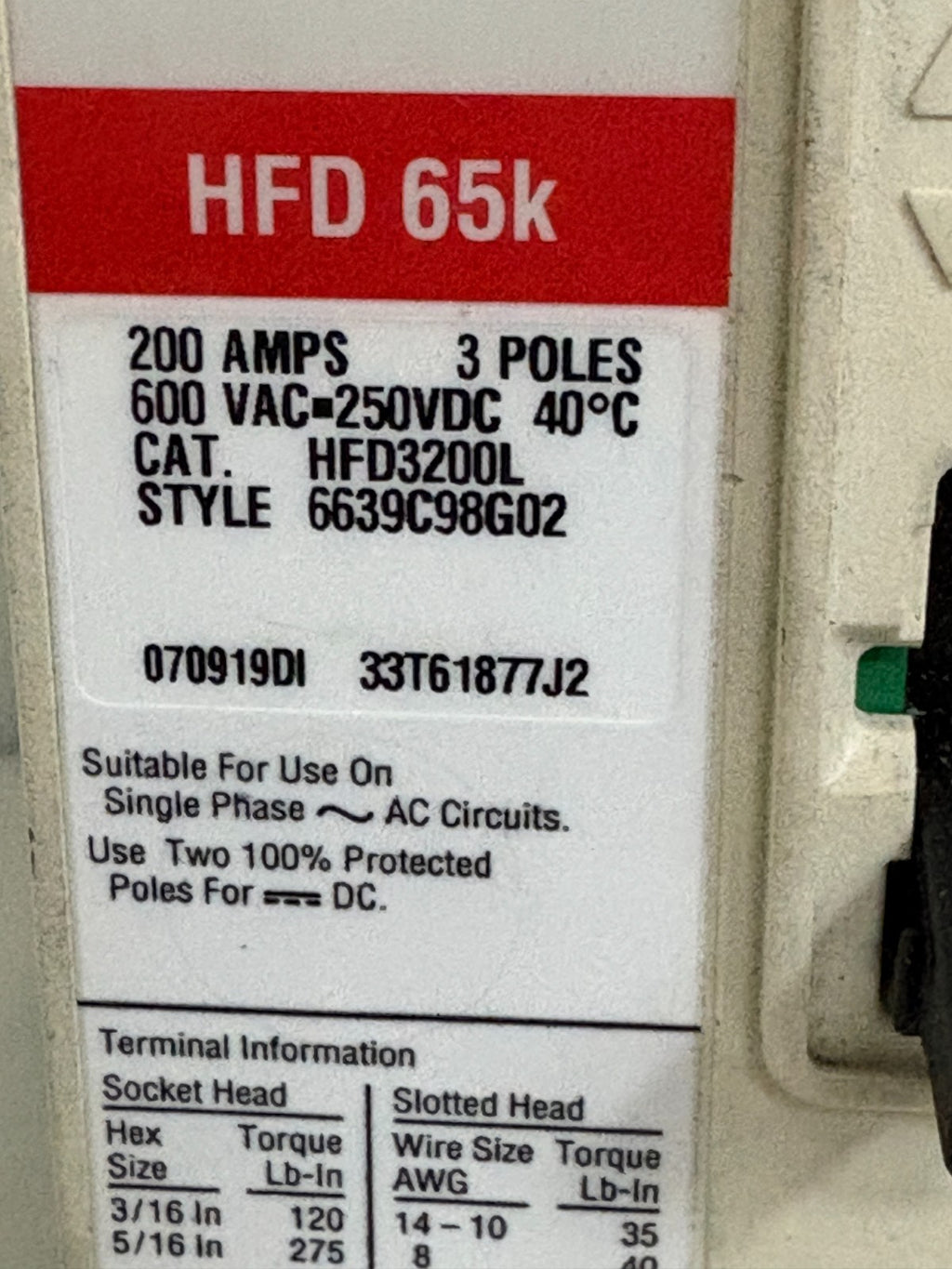 EATON CUTLER HAMMER 200 AMP CIRCUIT BREAKER HFD3200L