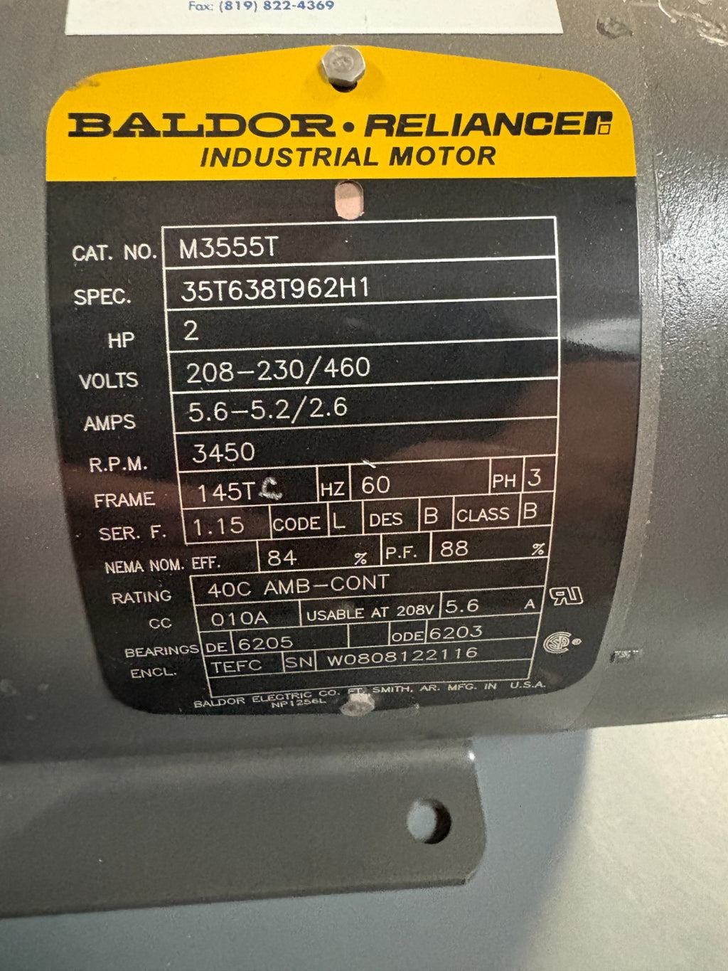 BALDOR RELIANCE 2HP MOTOR M 3555T SPEC 35T638T962 H1