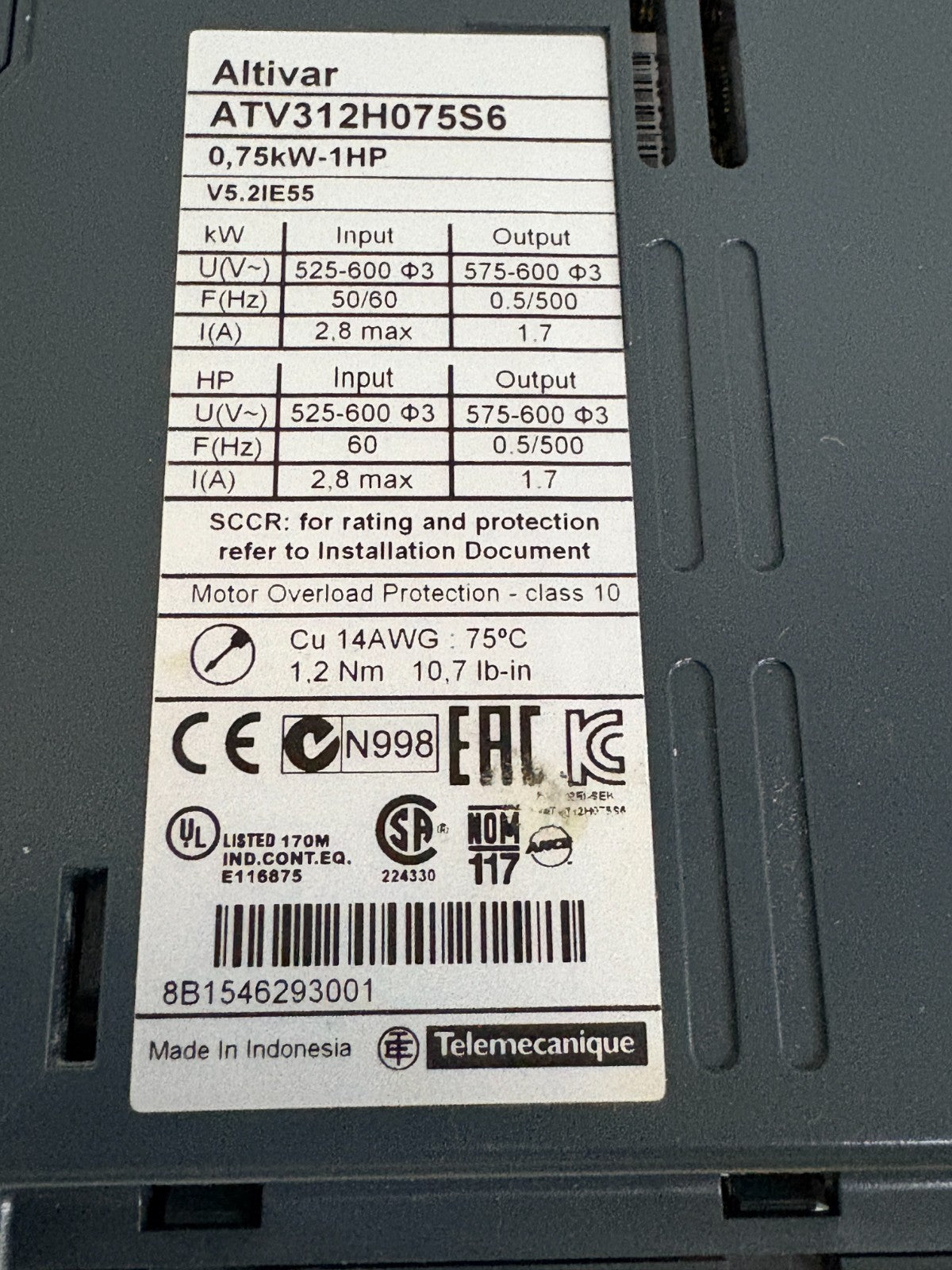 SCHNEIDER ALTIVAR 1HP AC SPEED DRIVE ATV312H07556