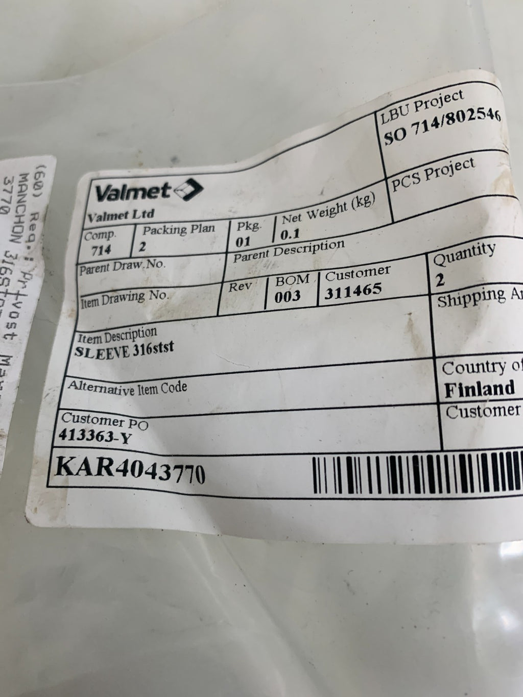 LOT OF 2 VALMET SLEEVE 316 STST KAR 4043770