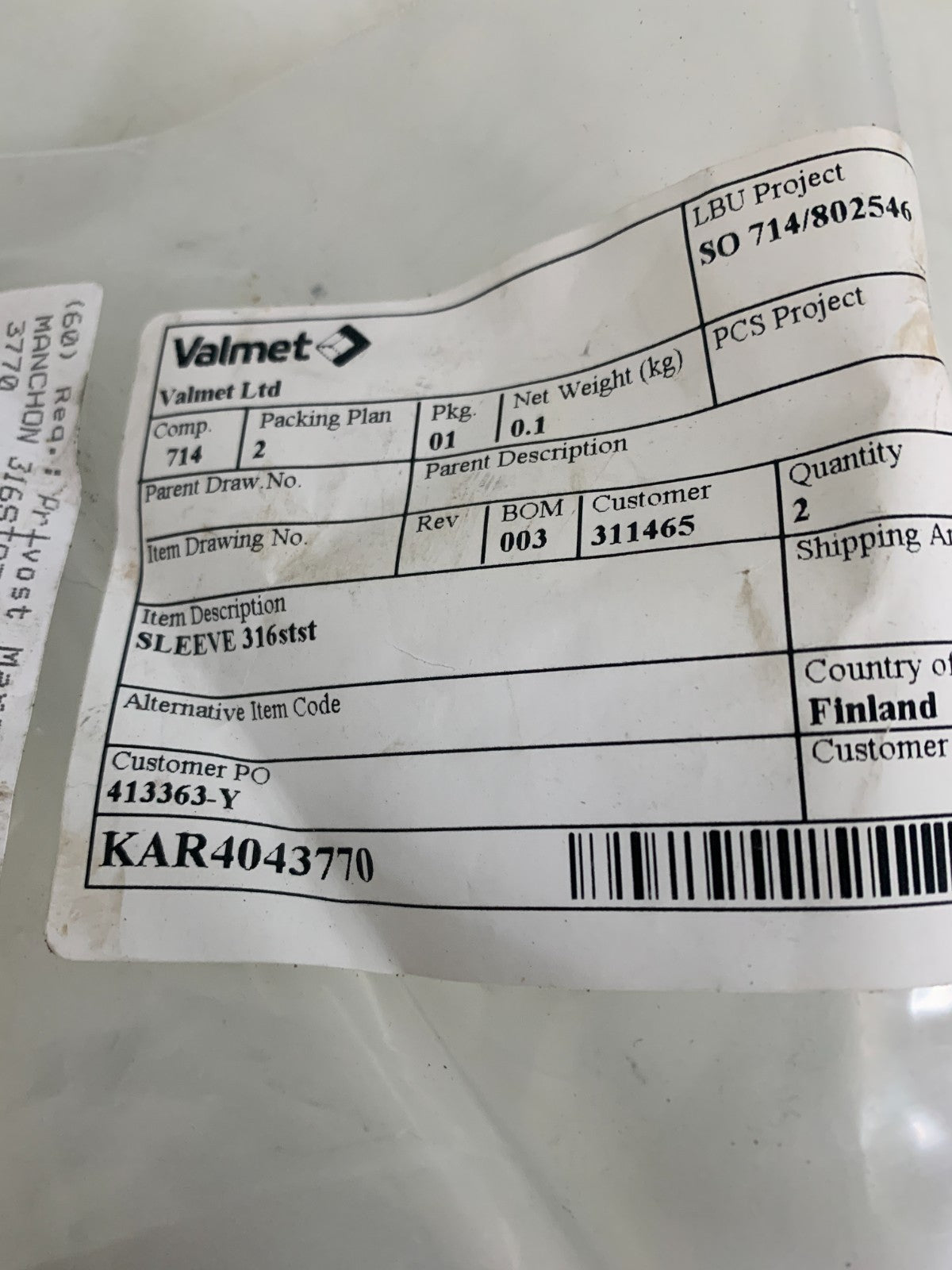 LOT OF 2 VALMET SLEEVE 316 STST KAR 4043770