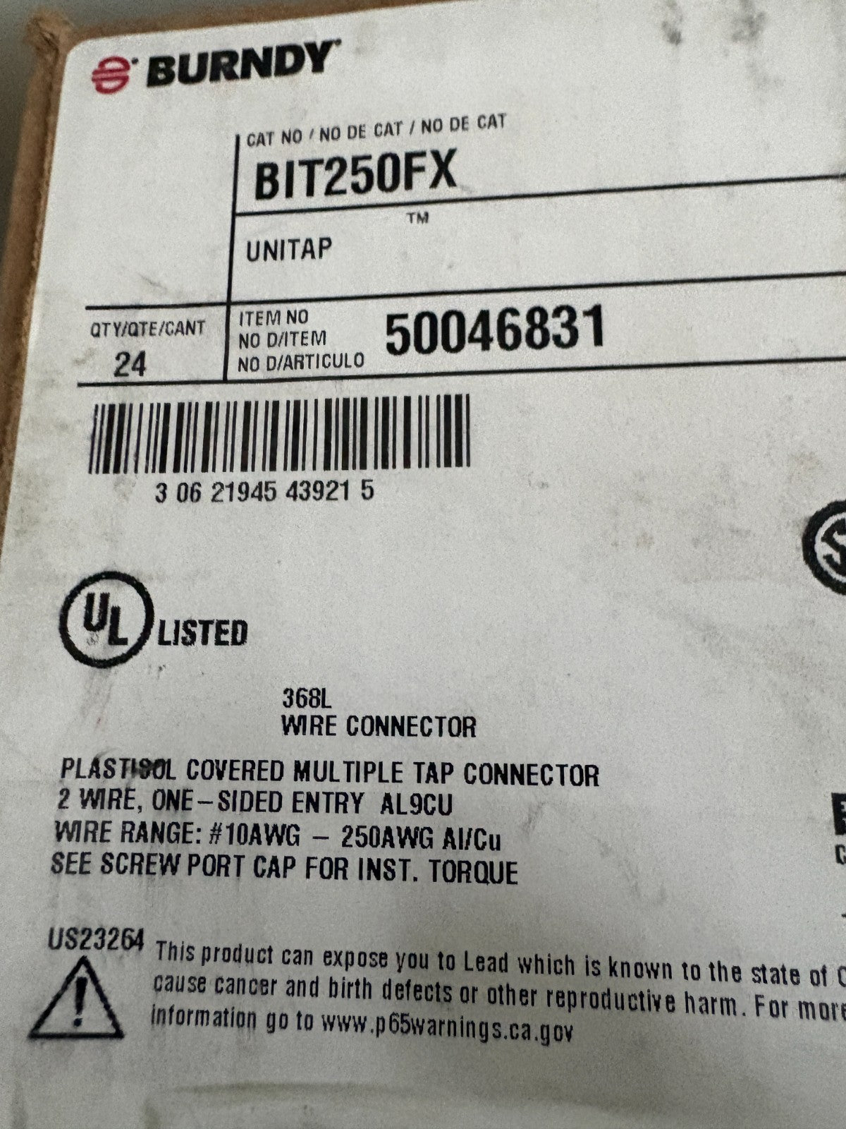 BURNDY BIT 250 FX BOTH SIDE UNITAP CONNECTOR  24 IN BOX3