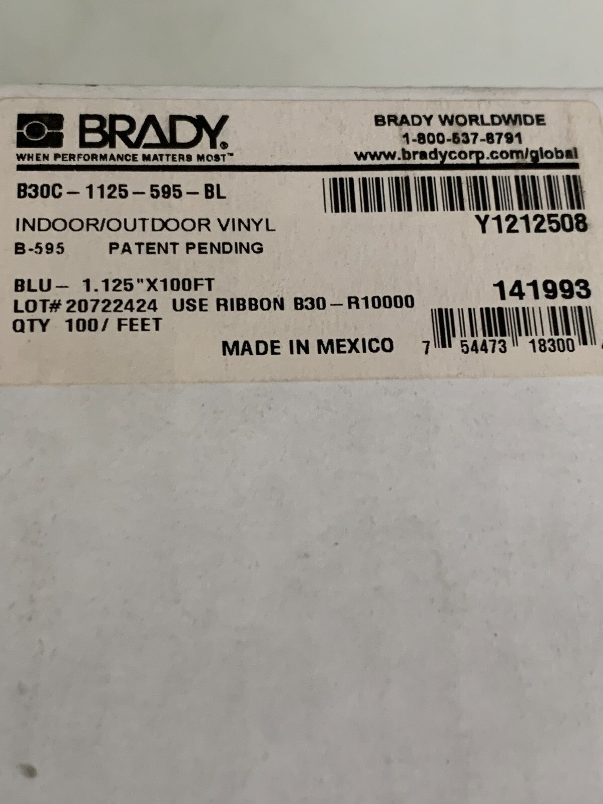 BRADY VINYL BLU 1.125" X100' ROLL  B30-1125-595-BL1