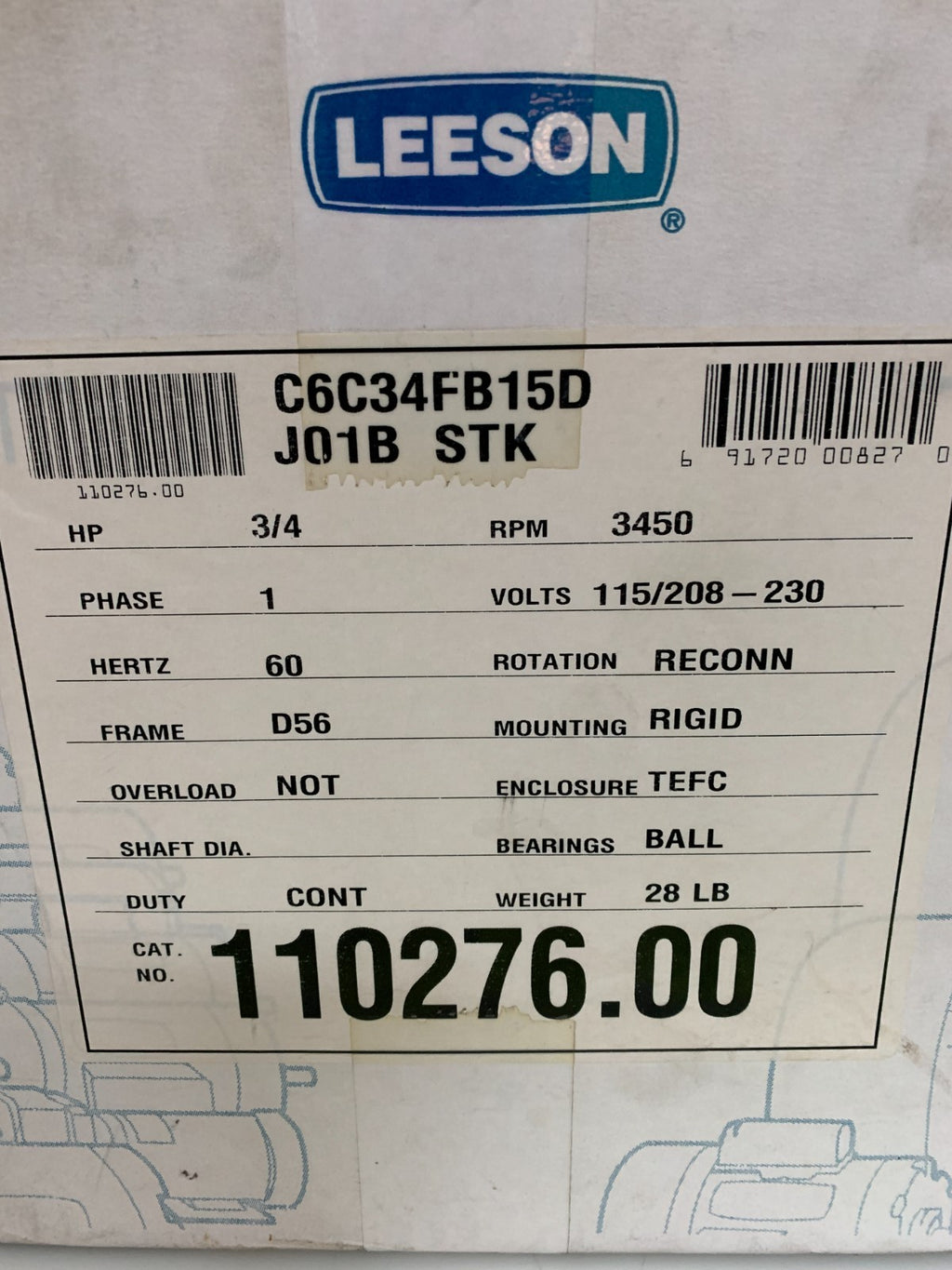 LEESON AC MOTOR 3/4 HP 3450 RPM #110276.00