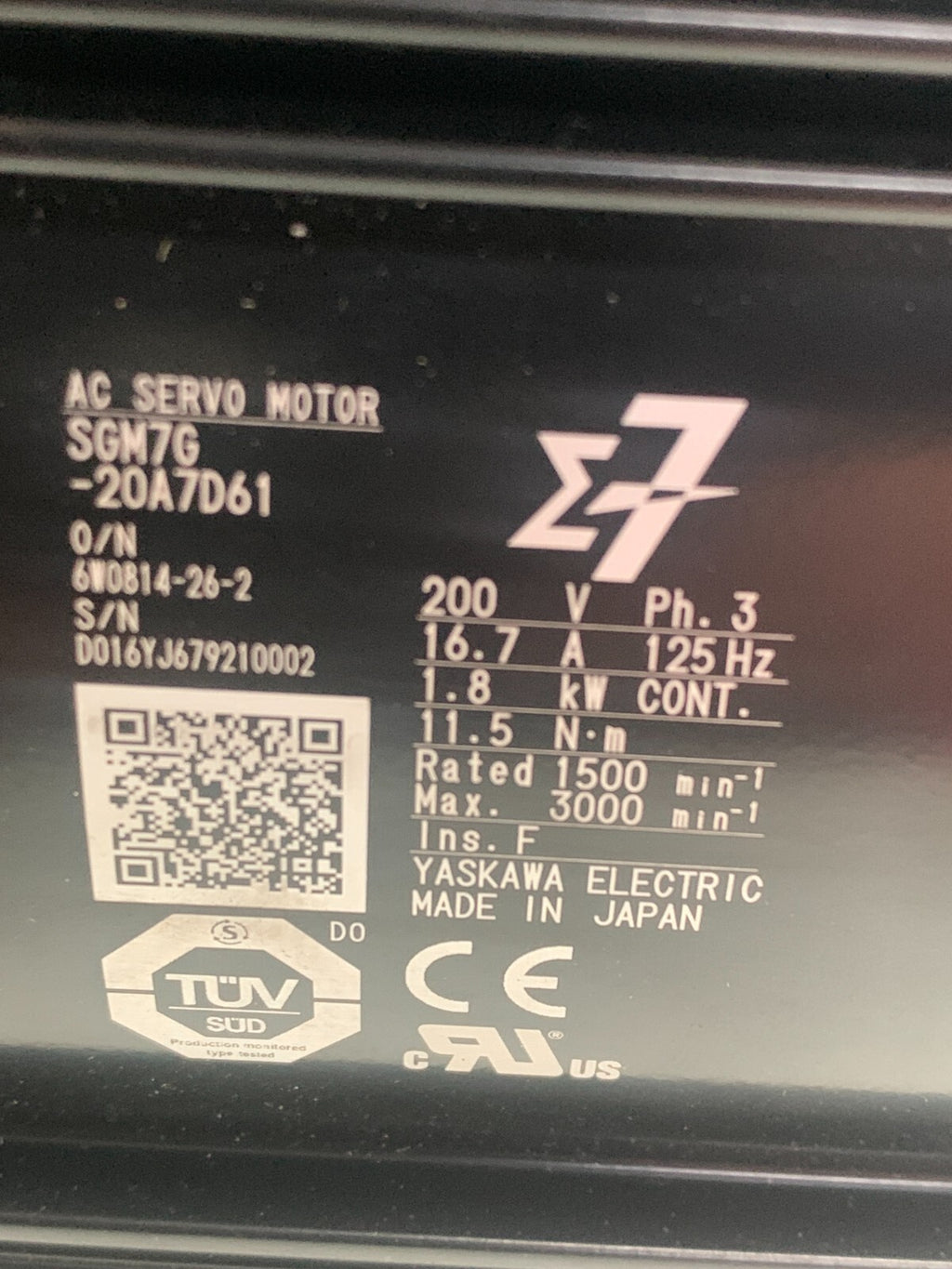 YASKAWA  AC Servo Motor  SGM7G-20A7D61  w/ABS Encoder  UTTAH-B24RH