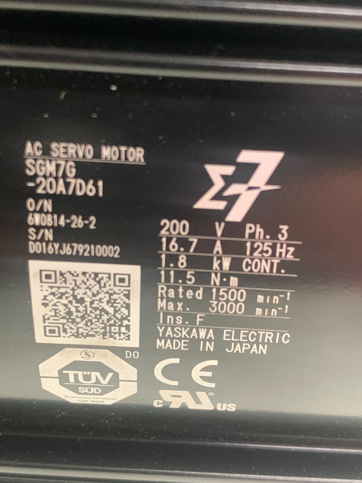 YASKAWA  AC Servo Motor  SGM7G-20A7D61  w/ABS Encoder  UTTAH-B24RH