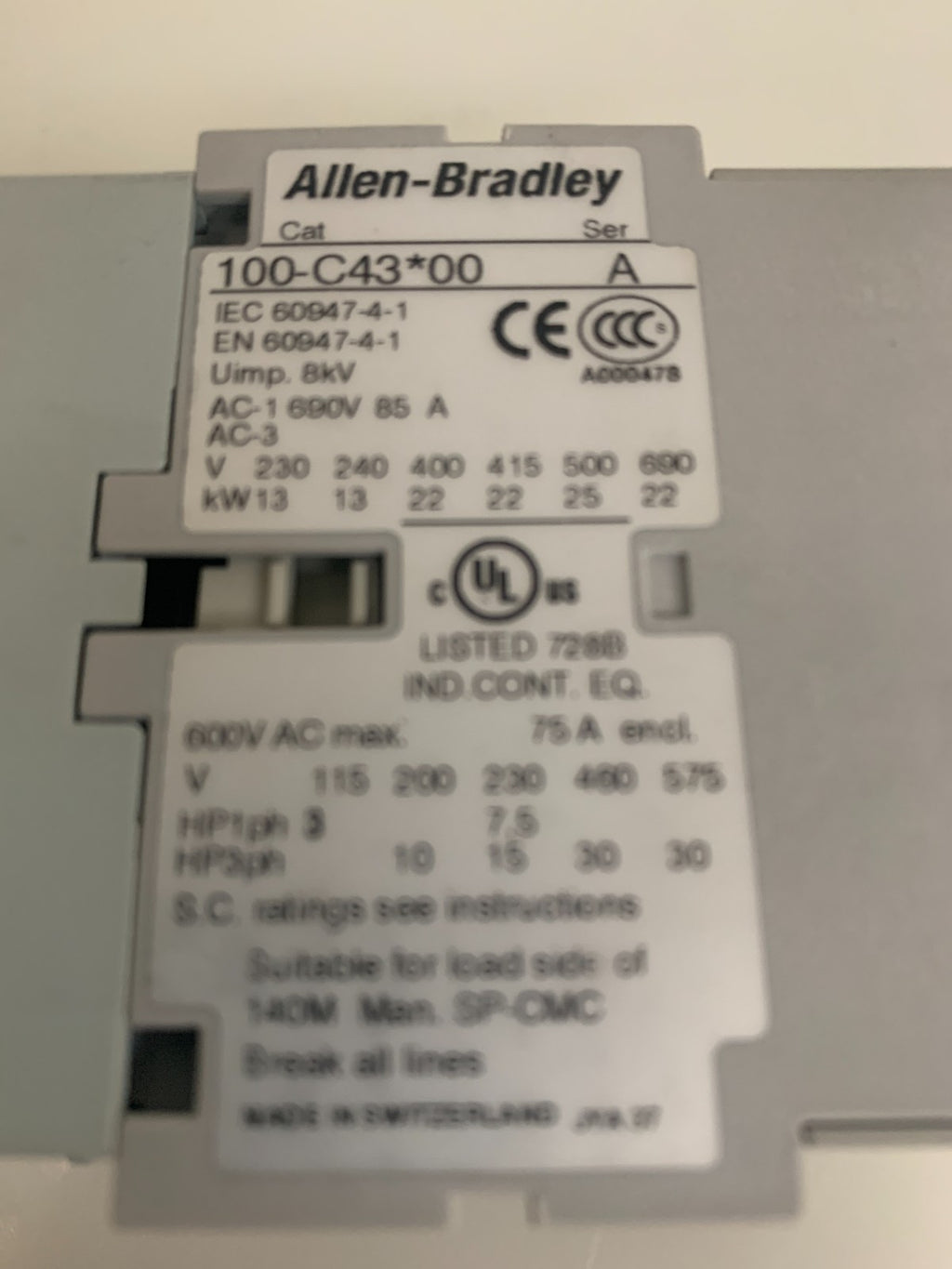 ALLEN BRADLEY 100-C43 00 SERIE A CONTACTOR 600 VAC W/100-S/B CONTACT BLOCK2
