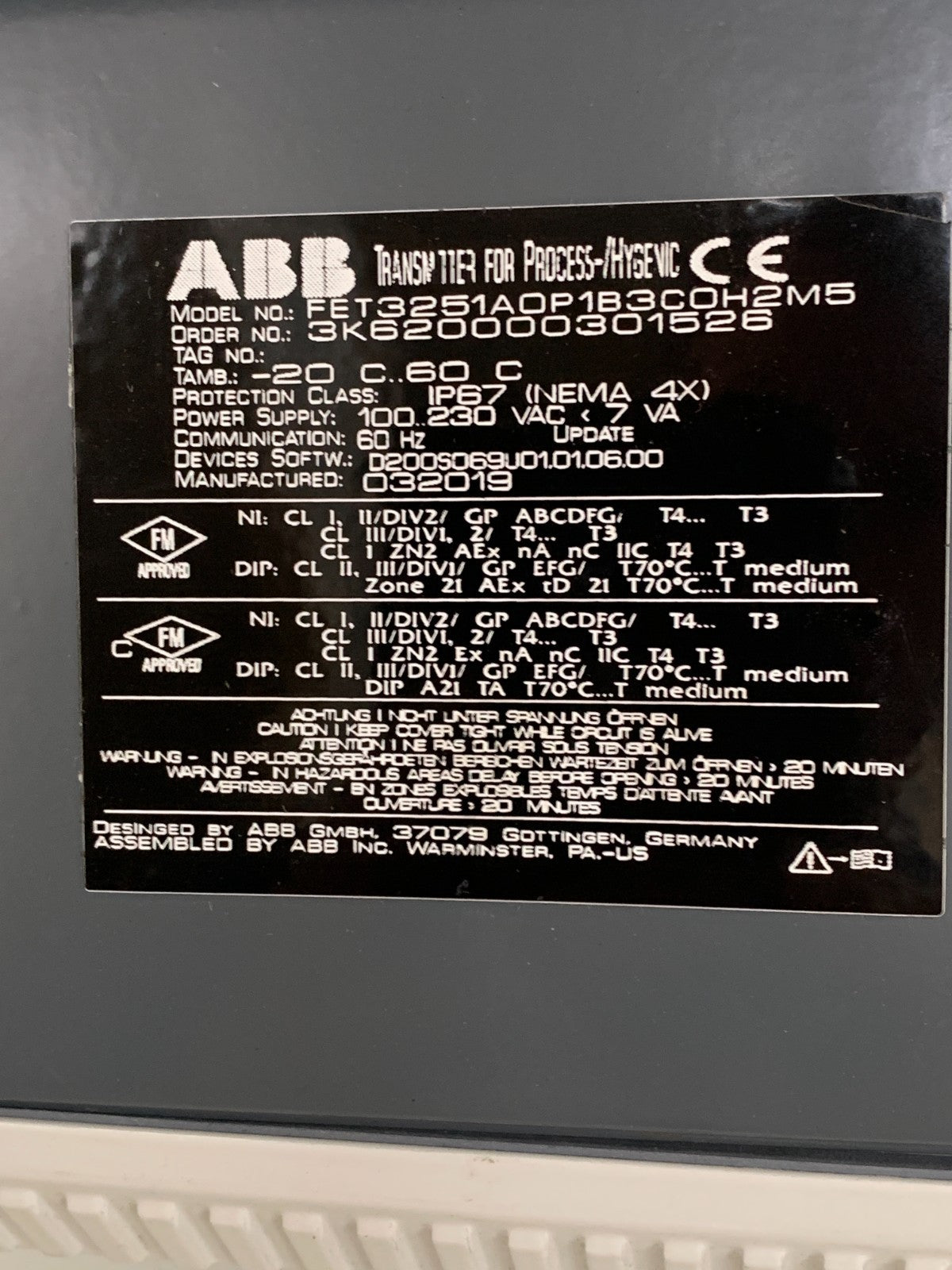 ABB PROCESS MASTER EXZERT TRANSMITTER FET3251AOP1B3COH2M5