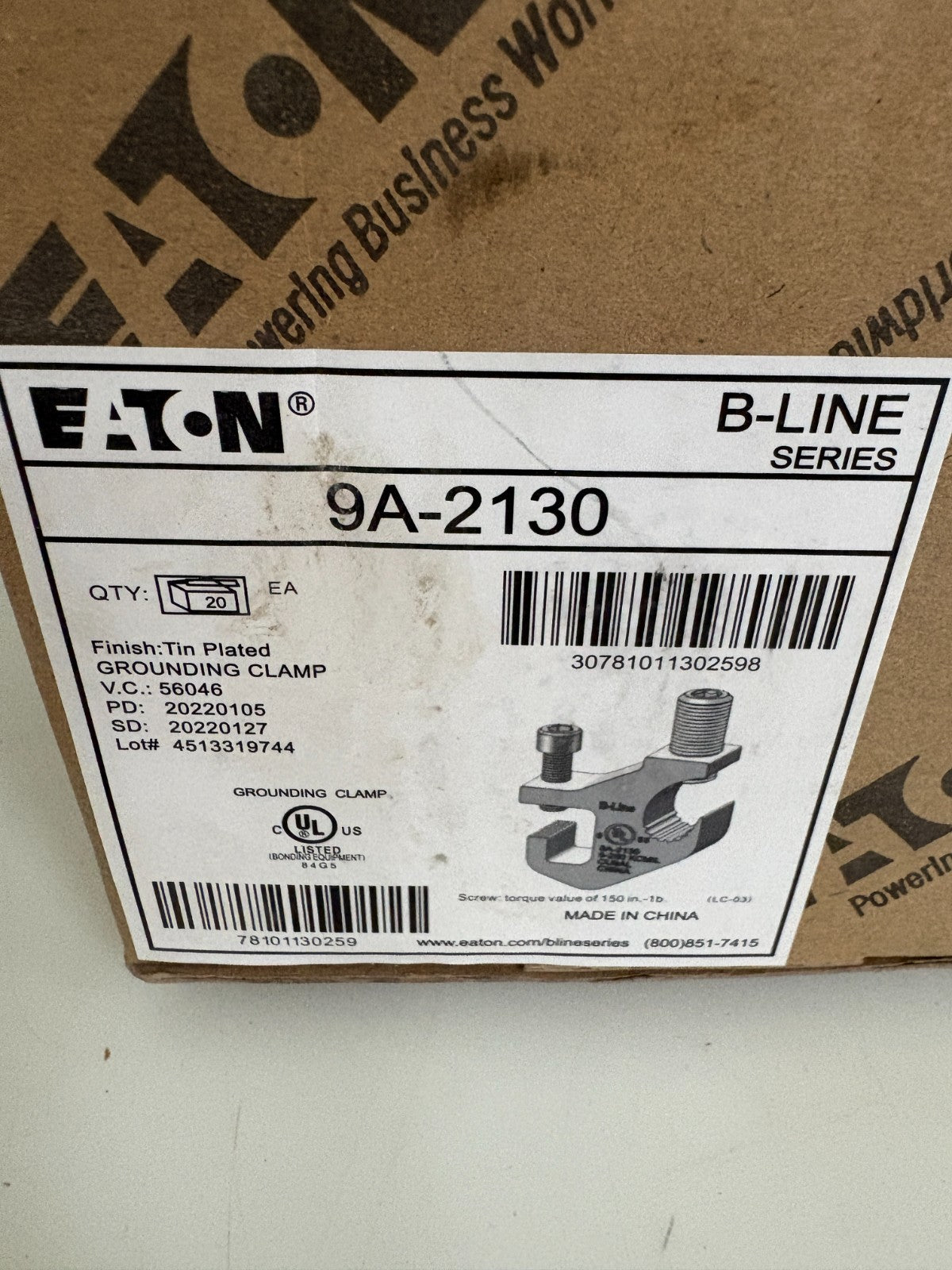 EATON B-LINE FINISH TIN PLATED GROUNDING CLAMP 9A-2130 20 PER BOX3